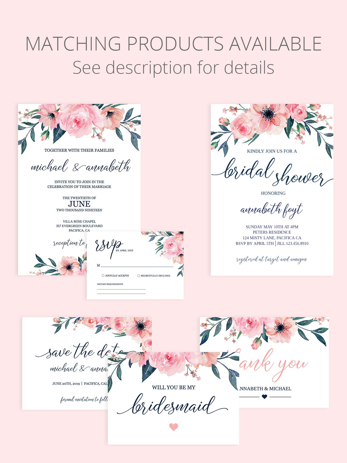 Editable Bridal Shower Invitation Pink & Navy Floral Boho Bridal Shower Invite Template