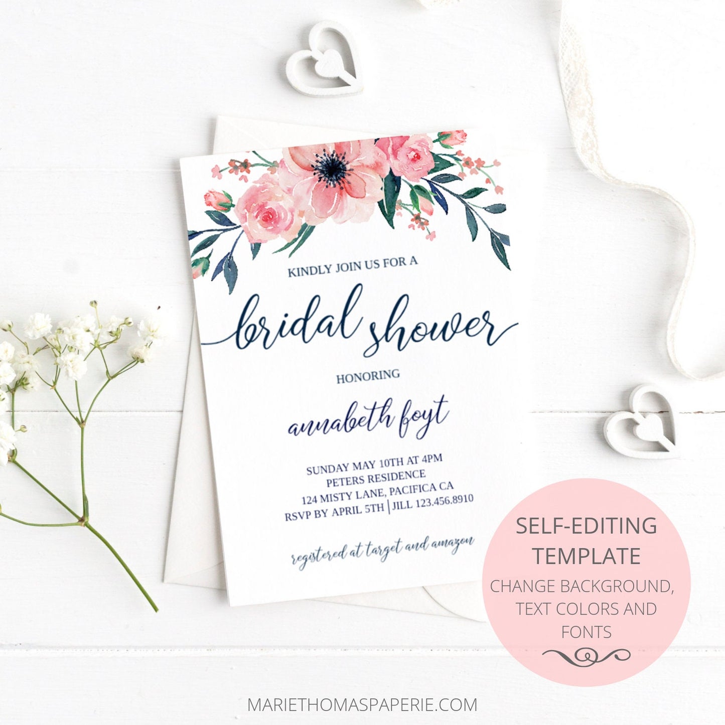 Editable Bridal Shower Invitation Pink & Navy Floral Boho Bridal Shower Invite Template