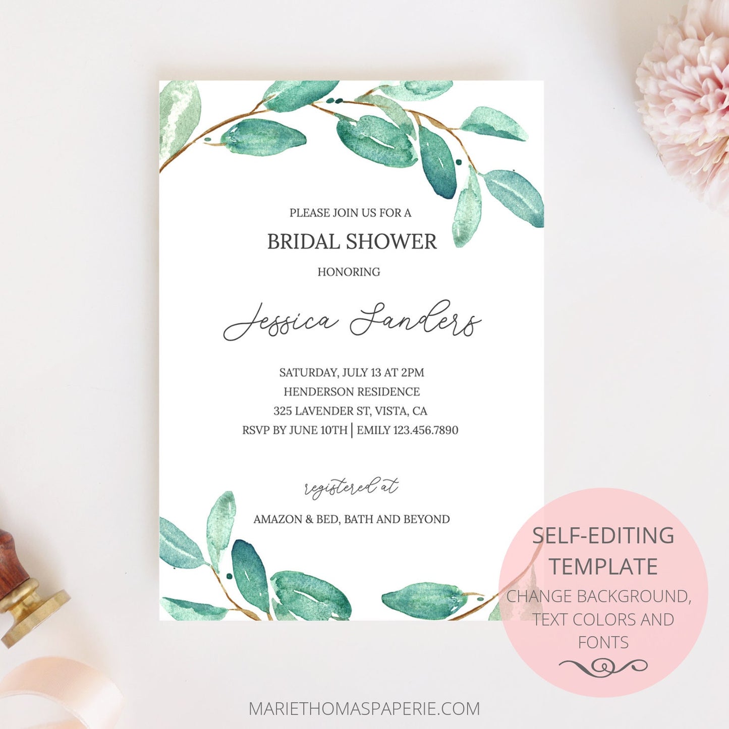 Editable Haven Bridal Shower Invitation Eucalyptus Greenery Branch Bridal Shower Invite Template