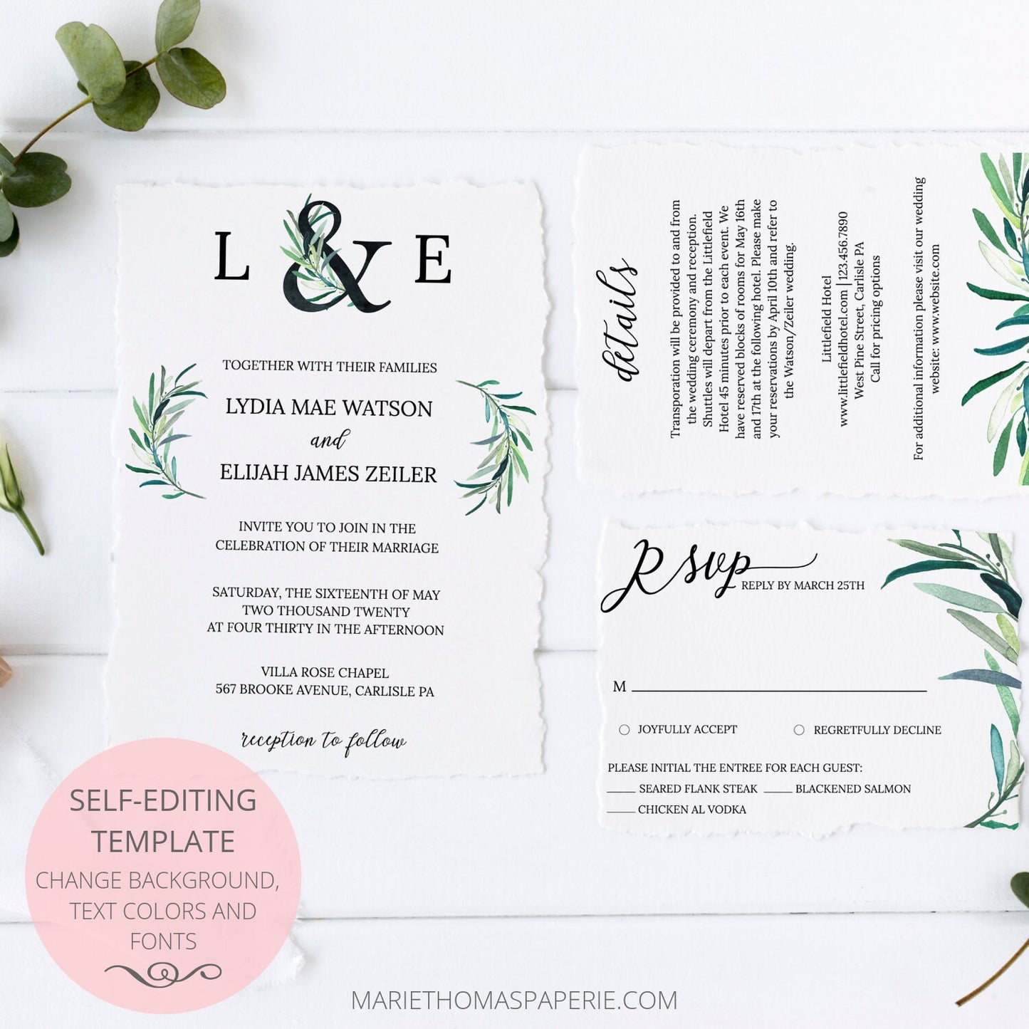 Editable Wedding Invitation Eucalyptus Greenery Wedding Invitation Set Wedding Suite Template