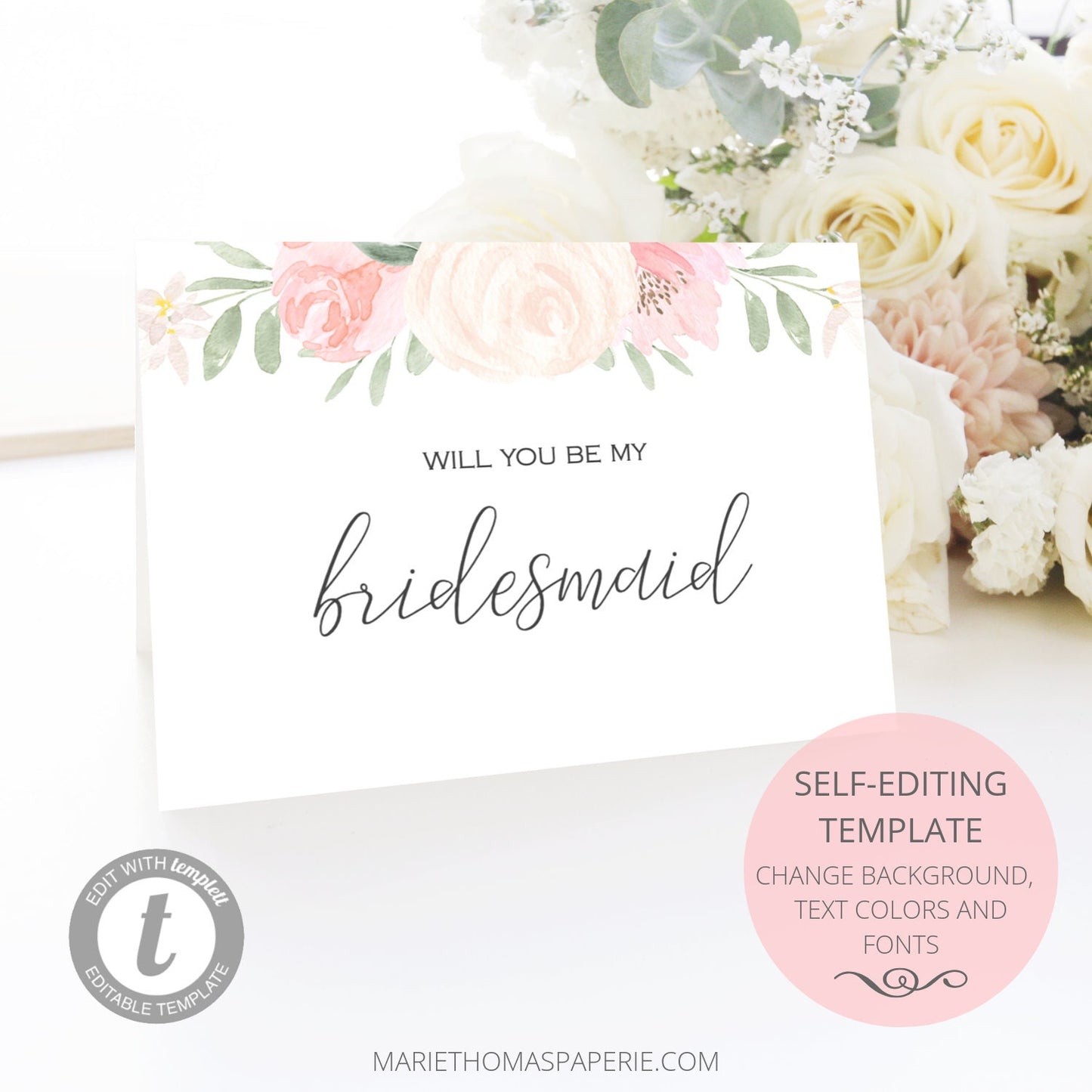 Editable Will You Be My Bridesmaid Card Bridesmaid Proposal Card Blush Floral Bridesmaid Card Maid of Honor Card Template Template