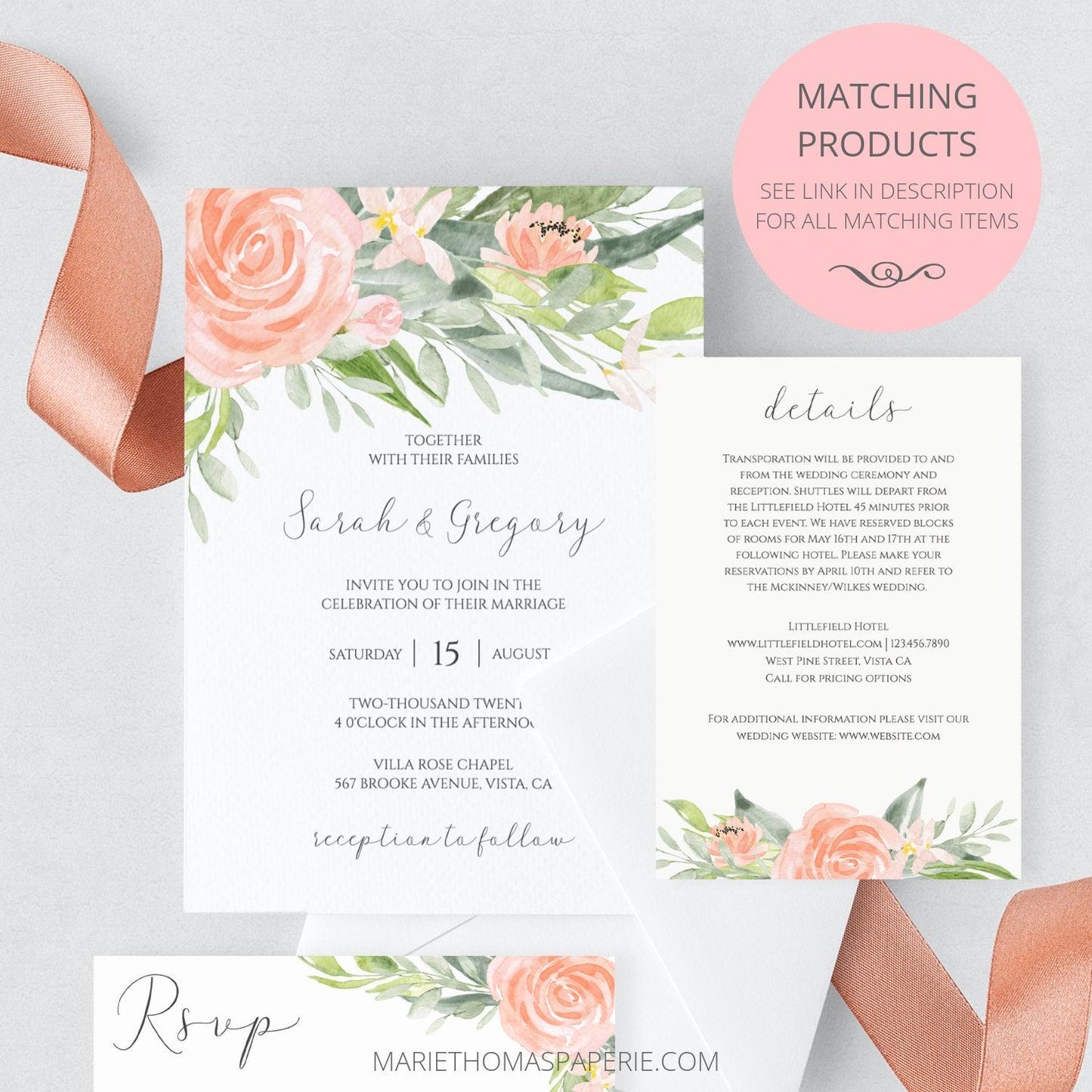 Editable Wedding Invitation Boho Peach Floral Wedding Invitation Set Wedding Suite Template