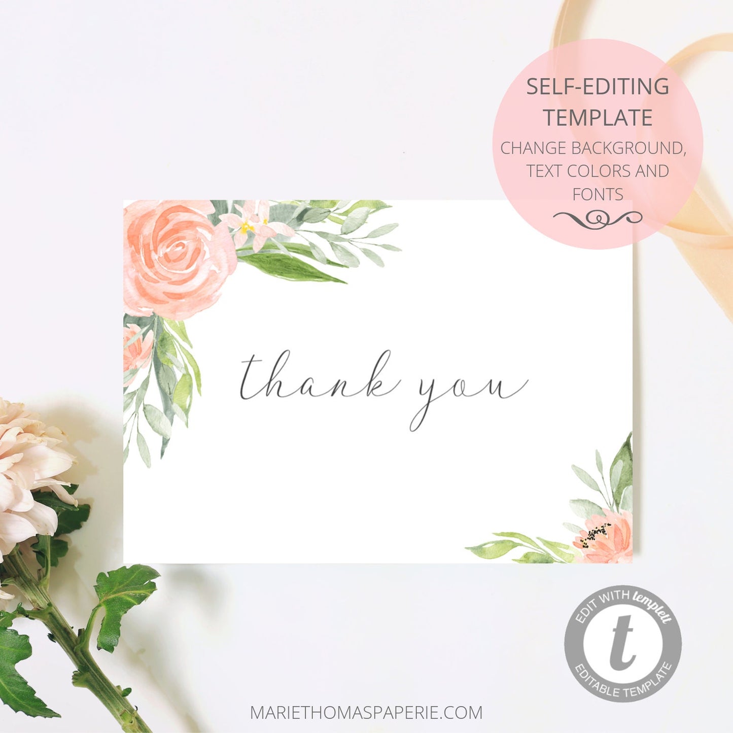 Editable Wedding Thank You Cards Cards Bridal Shower Thank You Cards Peach Floral Template