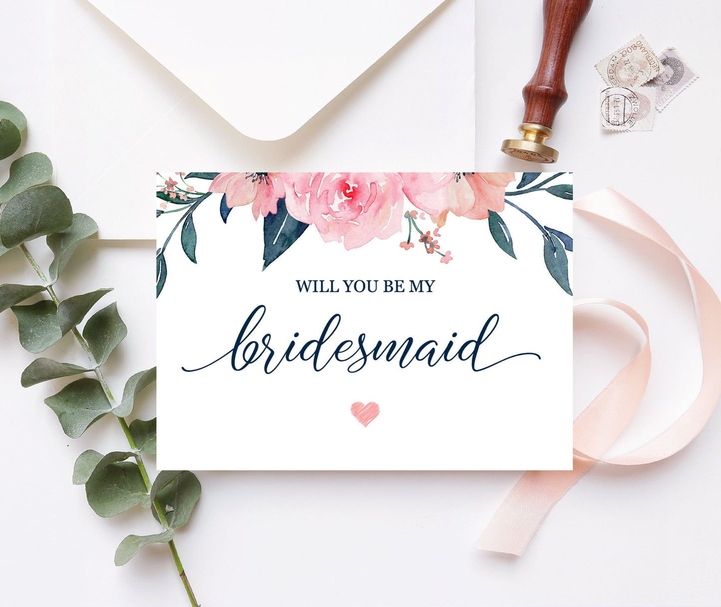 Editable Bridesmaid Proposal Card Will You Be My Bridesmaid Card Floral Pink Navy Maid of Honor Proposal Template