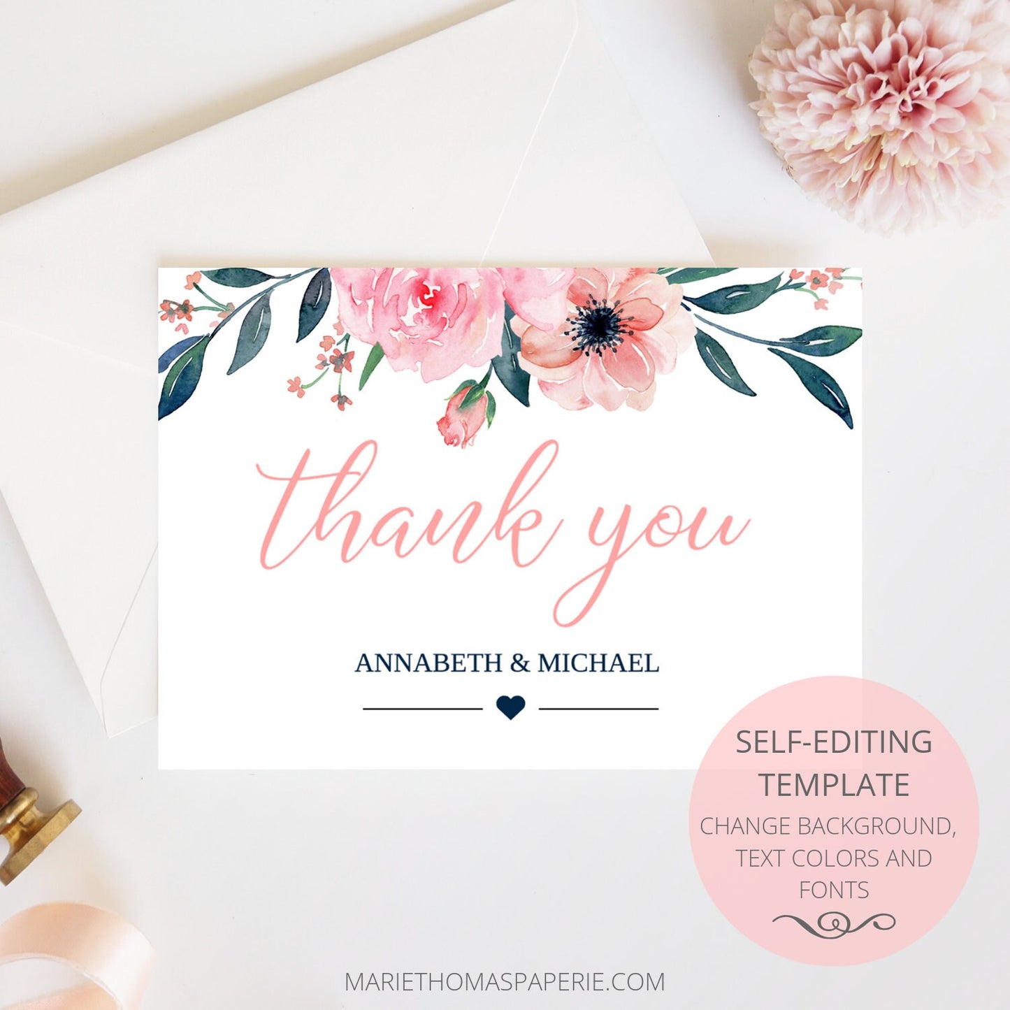 Editable Wedding Thank You Cards Cards Bridal Shower Thank You Cards Pink & Navy Floral Template