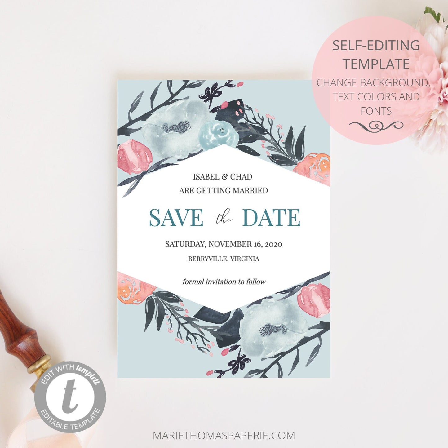 Editable Save the Date Wildflower Save the Date Cards Wedding Announcement Text Template