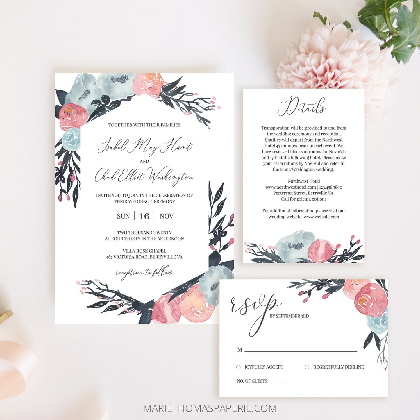 Editable Wildflower Wedding Invitation Floral Wedding Invitation Set Wedding Suite Template