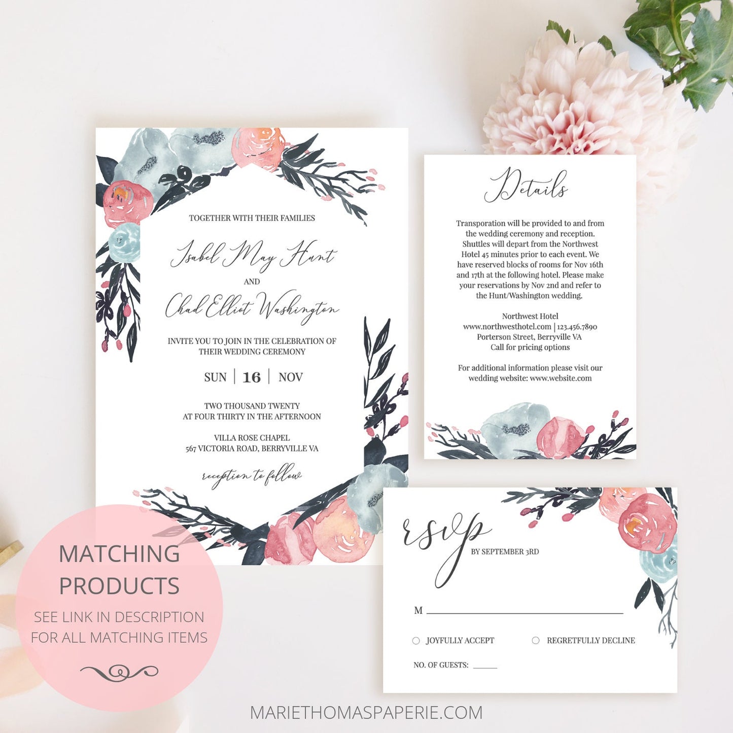 Editable Wildflower Wedding Invitation Floral Wedding Invitation Set Wedding Suite Template