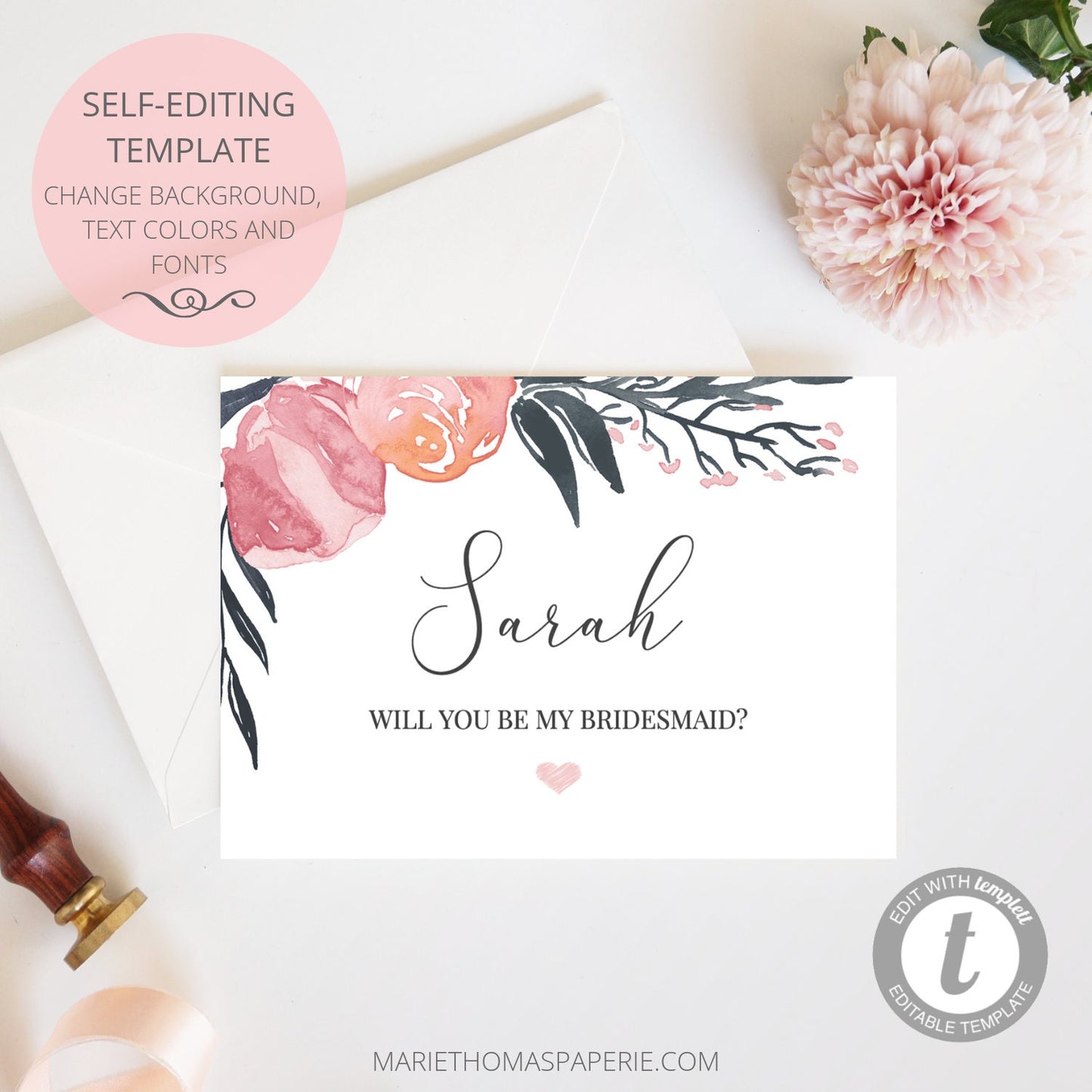 Editable Will You Be My Bridesmaid Card Bridesmaid Proposal Card Floral Pink & Navy Maid of Honor Proposal Template