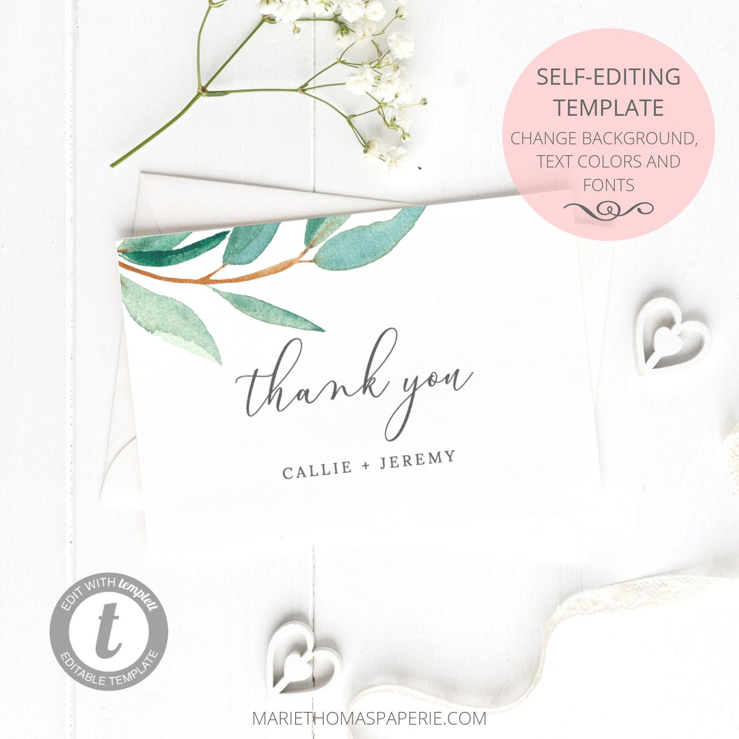 Editable Wedding Thank You Cards Cards Bridal Shower Thank You Cards Modern Script Greenery Template