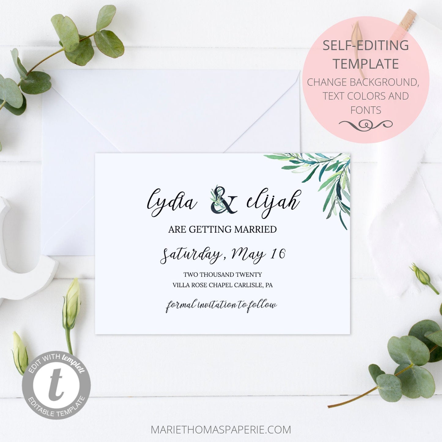 Editable Save the Date Greenery Branch Save the Date Cards Wedding Announcement Text Template