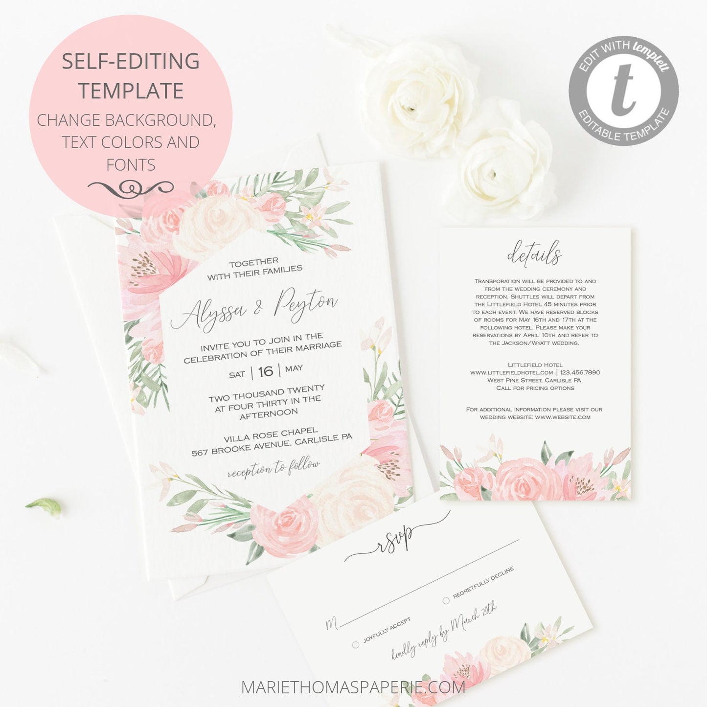 Editable Wedding Invitation Boho Wedding Invite Invitation Pink Blush Floral Wedding Set Template
