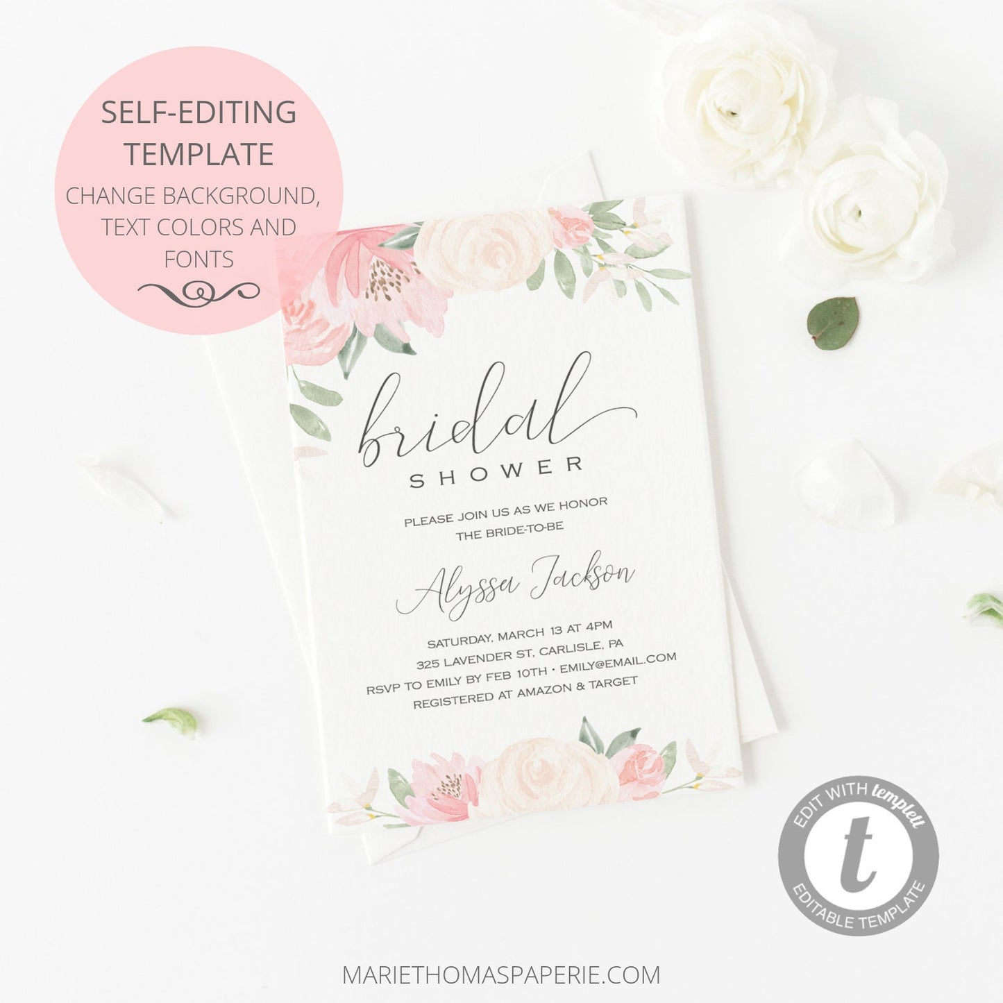 Editable Bridal Shower Invitation Blush Pink Floral Boho Bridal Shower Invite Template
