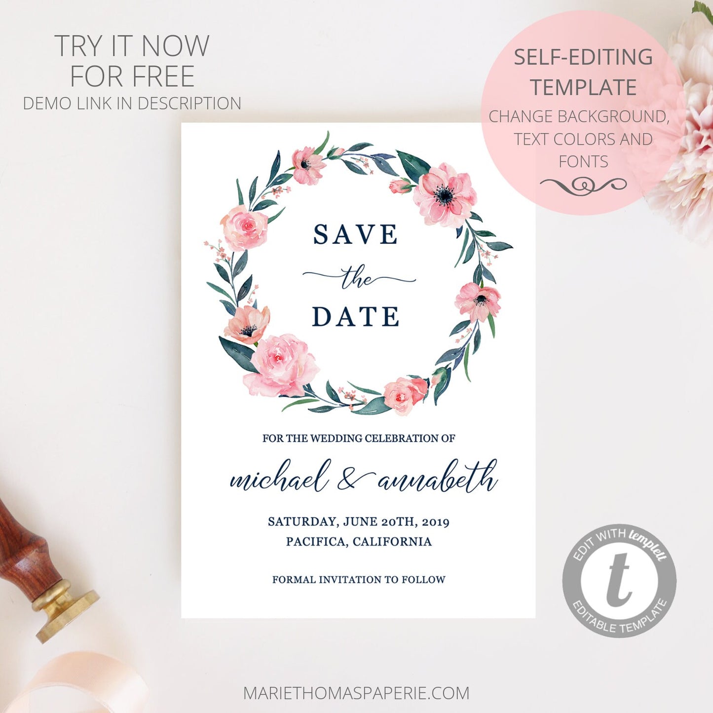 Editable Save the Date Navy & Pink Floral Wreath Save the Date Cards Wedding Announcement Text Template