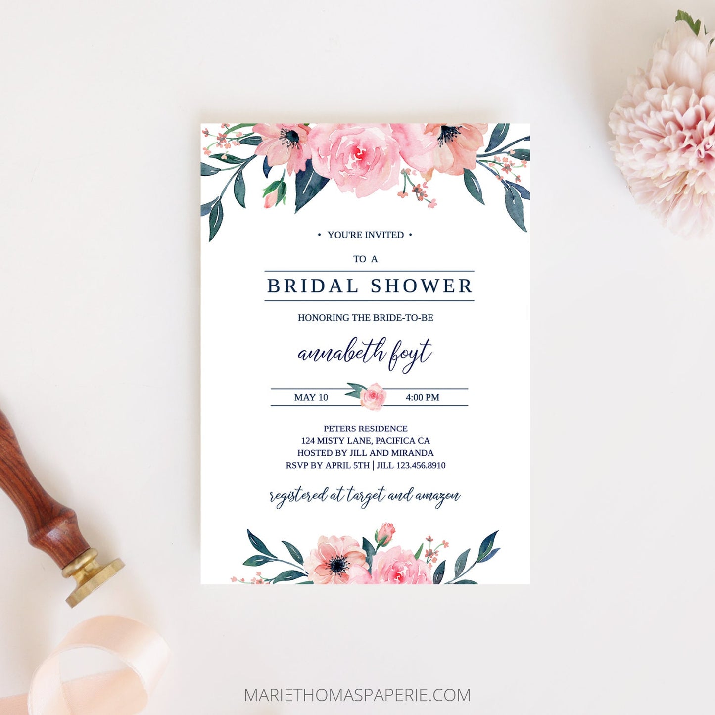 Editable Bridal Shower Invitation Pink Blush Floral Boho Bridal Shower Invite Template
