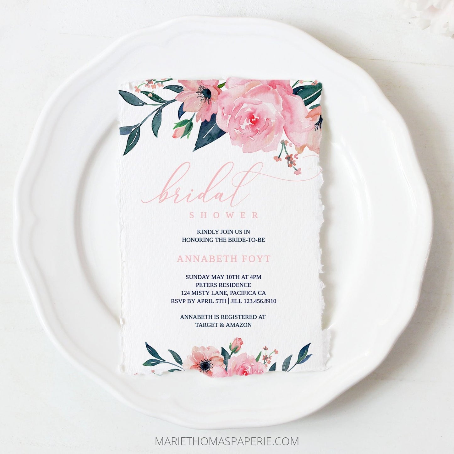 Editable Bridal Shower Invitation Blush Navy Floral Boho Pink & Blue Bridal Shower Invite Template