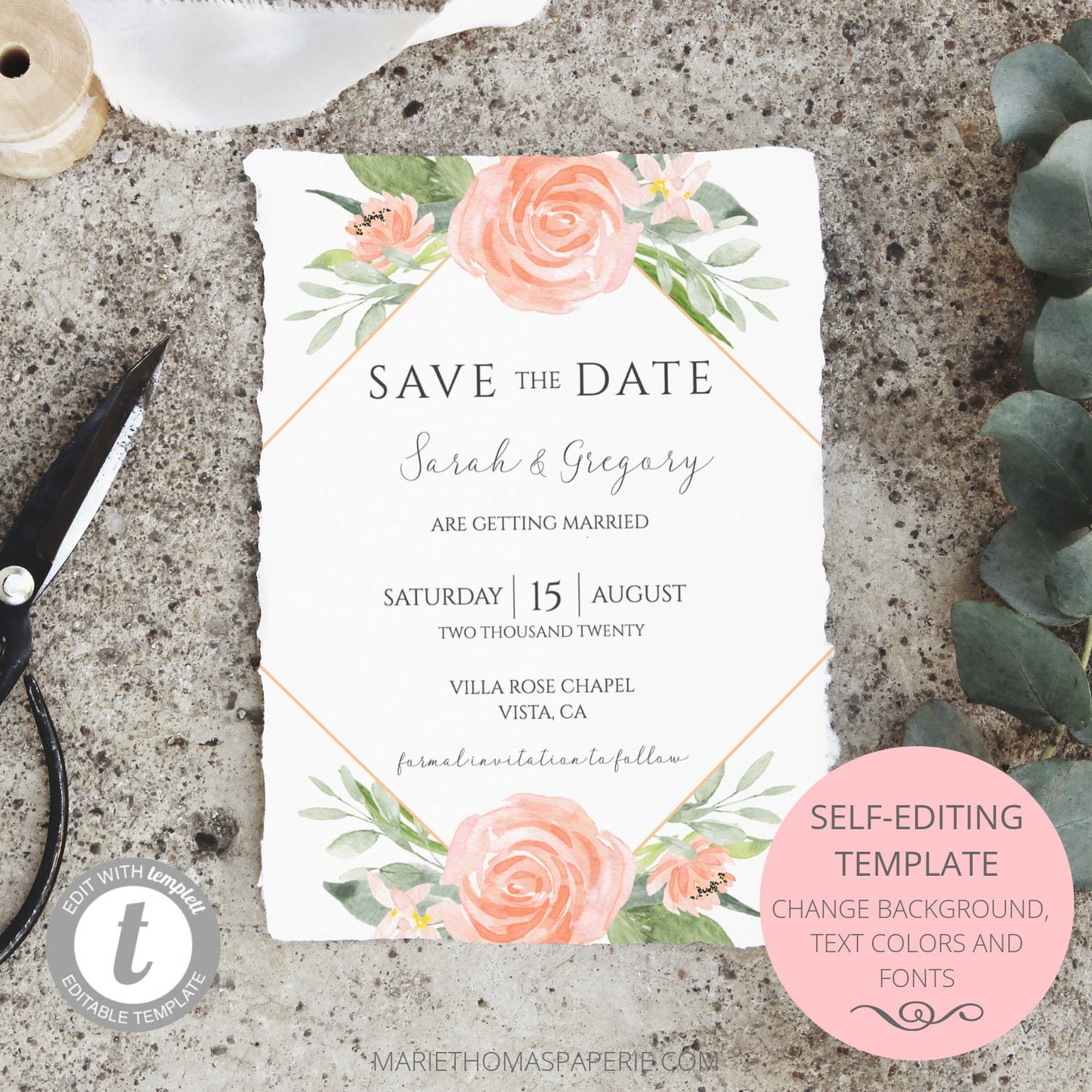 Editable Save the Date Boho Peach Floral Save the Date Cards Wedding Announcement Text Template