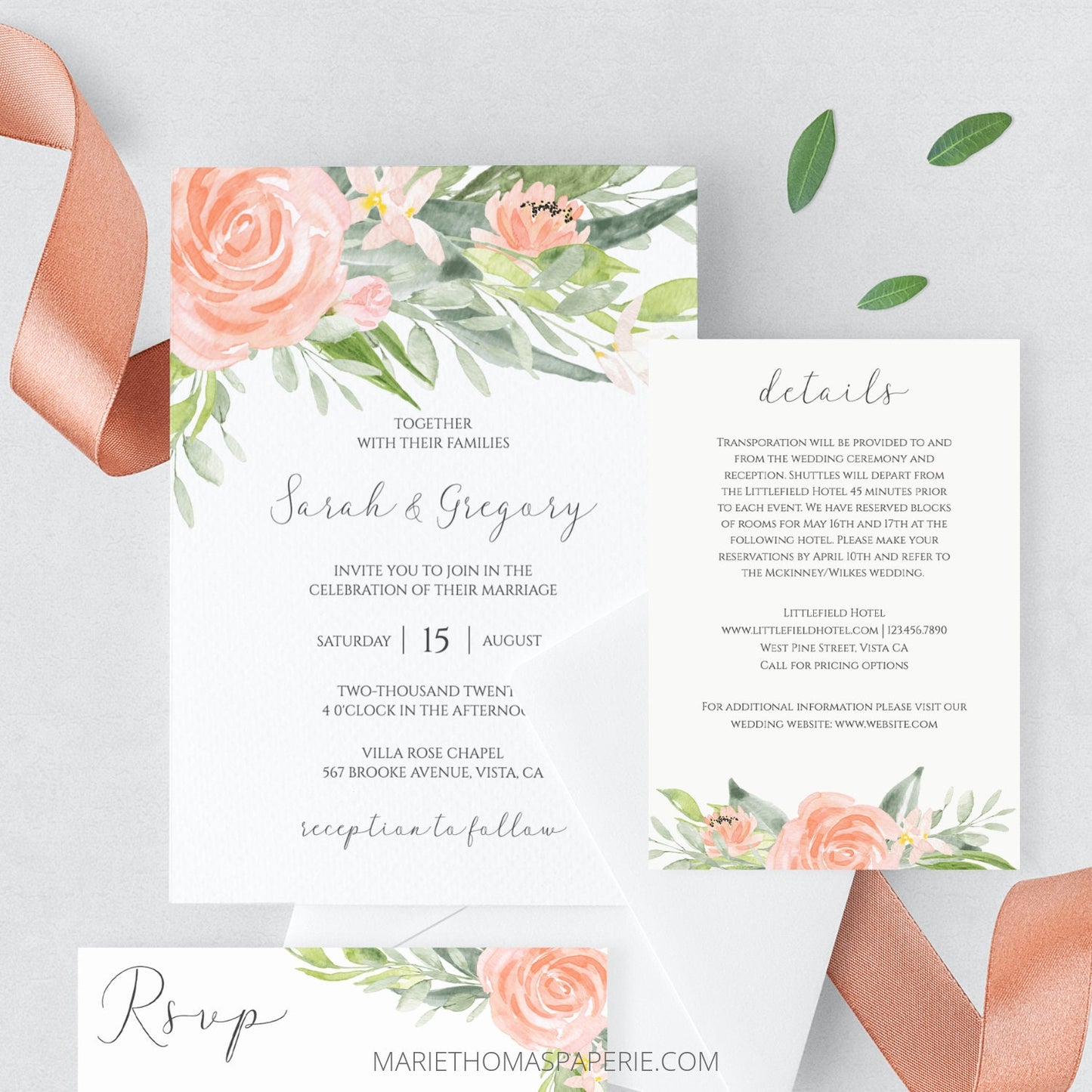 Editable Wedding Invitation Boho Peach Floral Wedding Invitation Set Wedding Suite Template