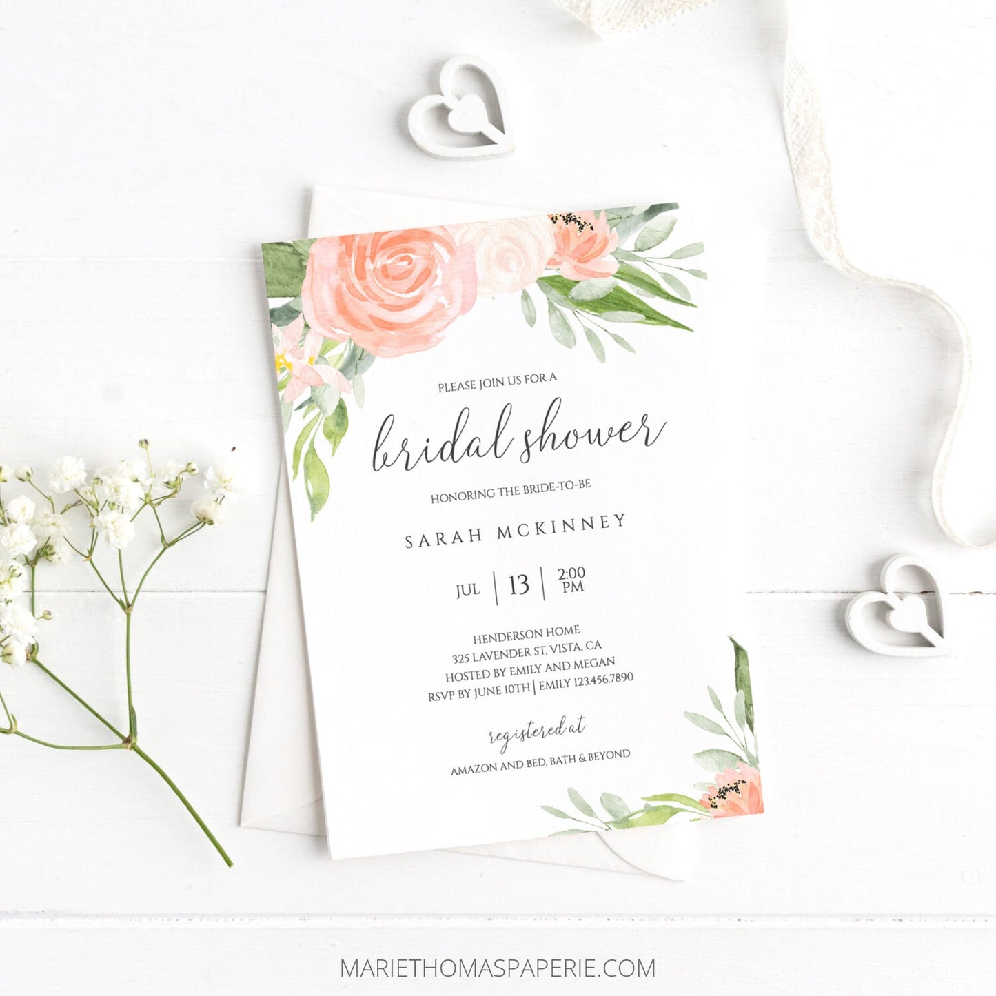 Editable Bridal Shower Invitation Peach Floral and Greenery Bridal Shower Invite Template