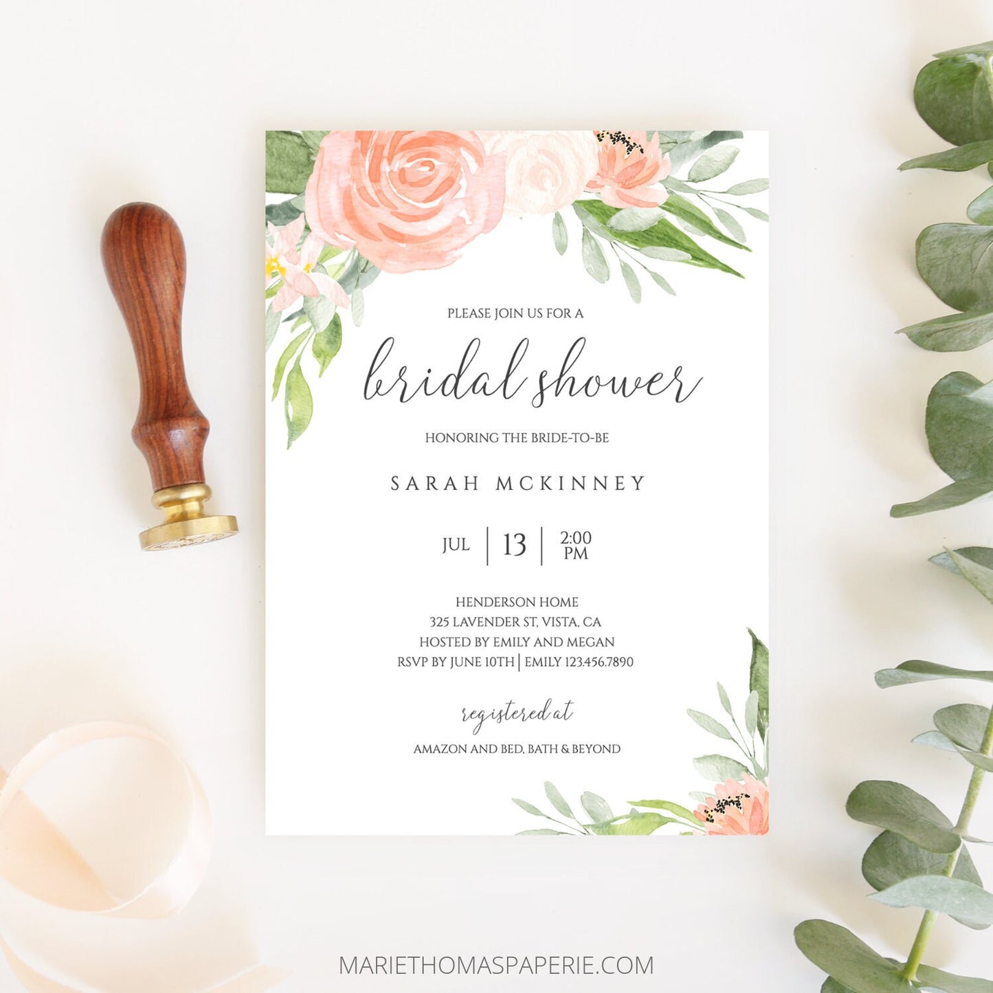 Editable Bridal Shower Invitation Peach Floral and Greenery Bridal Shower Invite Template