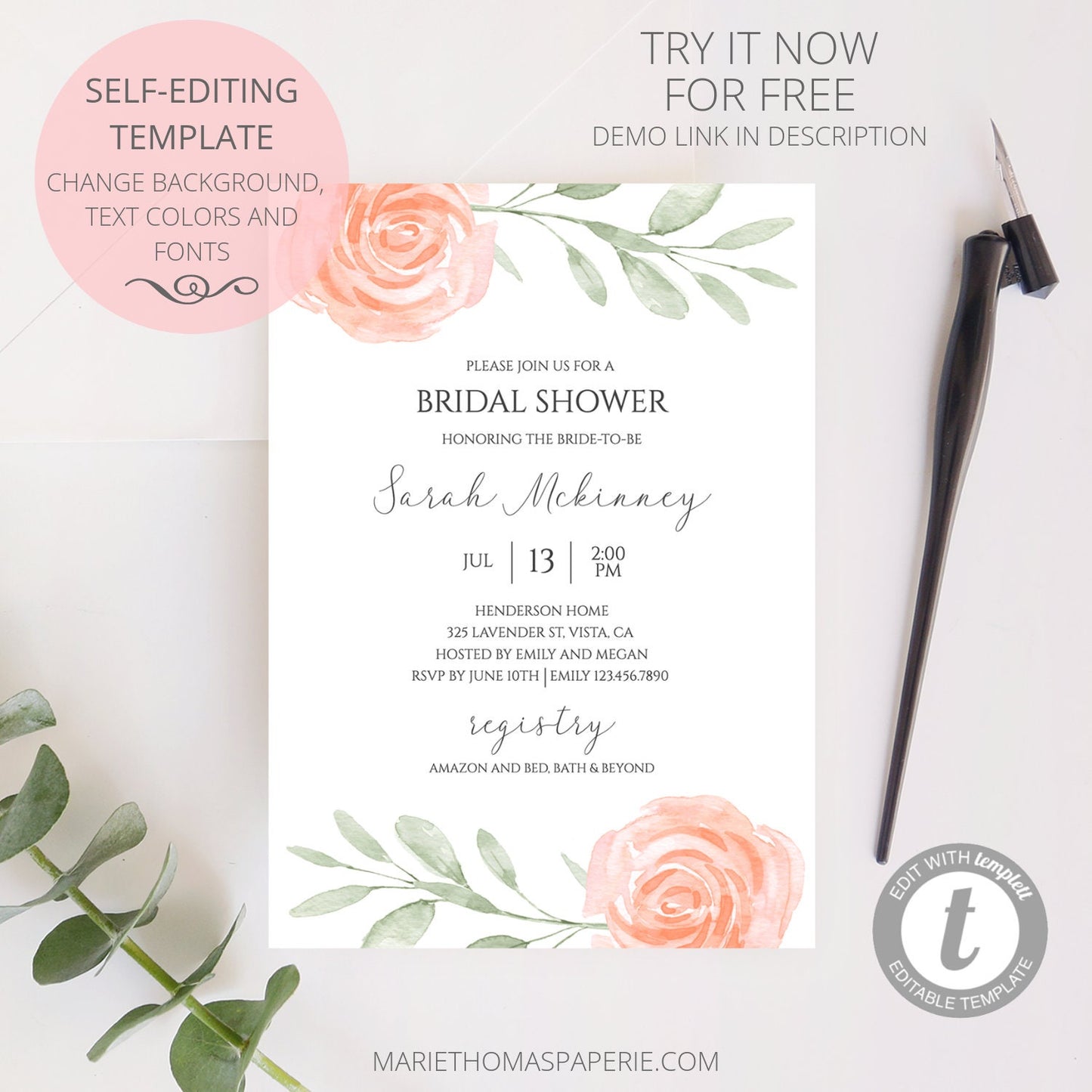 Editable Bridal Shower Invitation Peach Floral Bridal Shower Invite Template