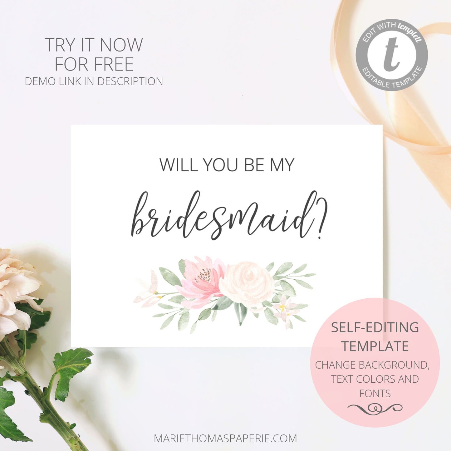 Editable Bridesmaid Proposal Card Will You Be My Bridesmaid Card Blush Pink Floral Maid of Honor Proposal Card Template Template
