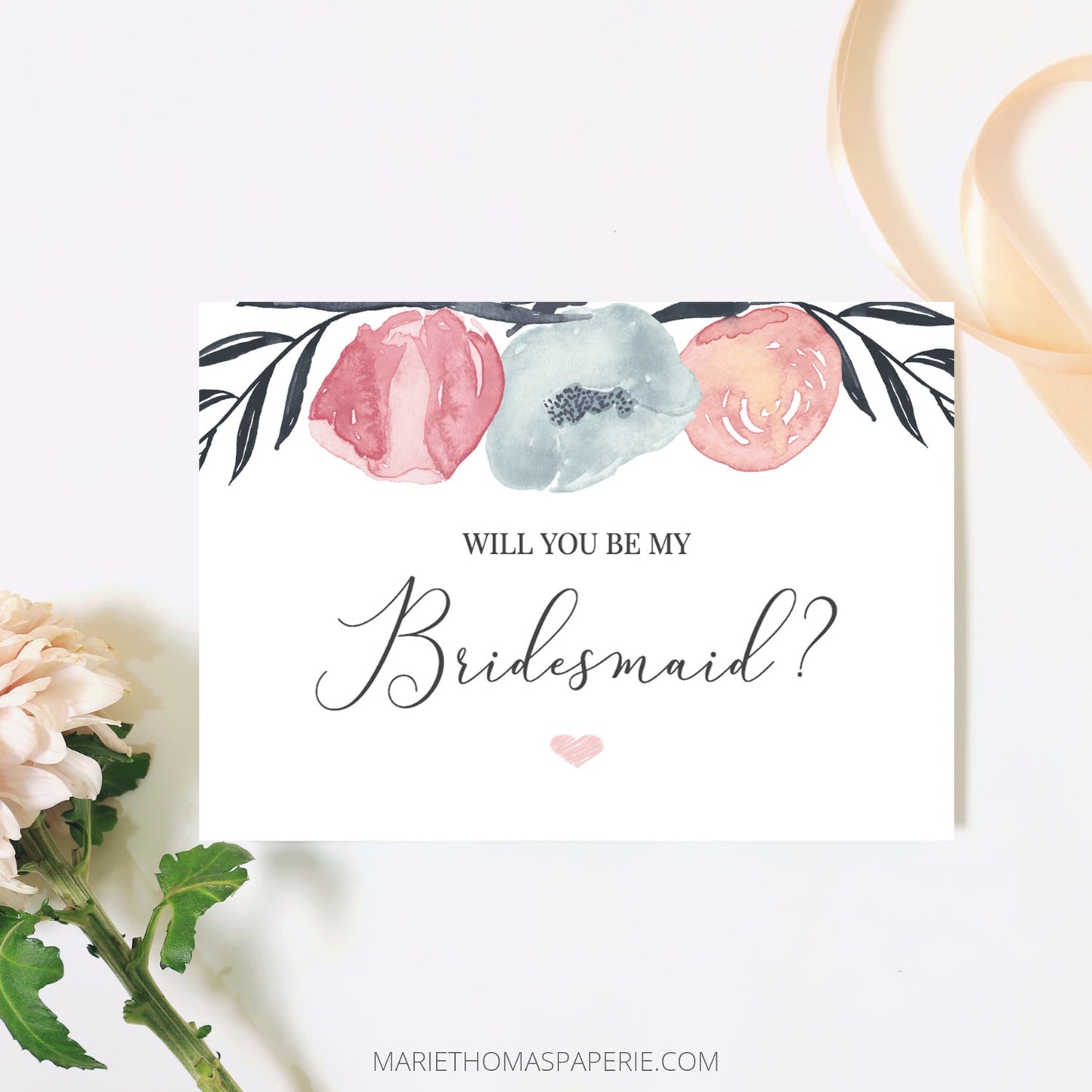 Editable Will You Be My Bridesmaid Card Bridesmaid Proposal Card Pink Navy Floral Maid of Honor Proposal Template