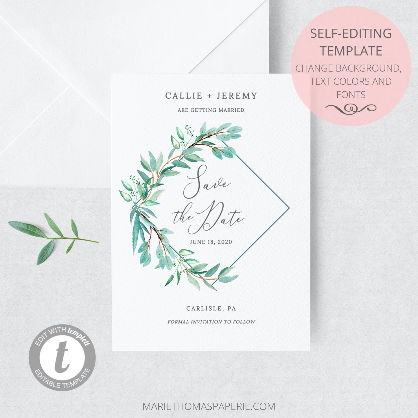 Editable Save the Date Greenery Wreath Save the Date Cards Wedding Announcement Text Template