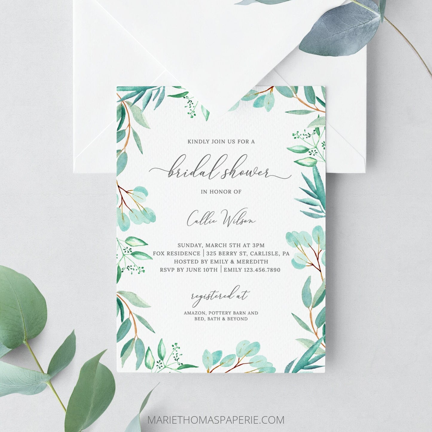 Editable Bridal Shower Invitation Eucalyptus Botanical Greenery Bridal Shower Invite Template