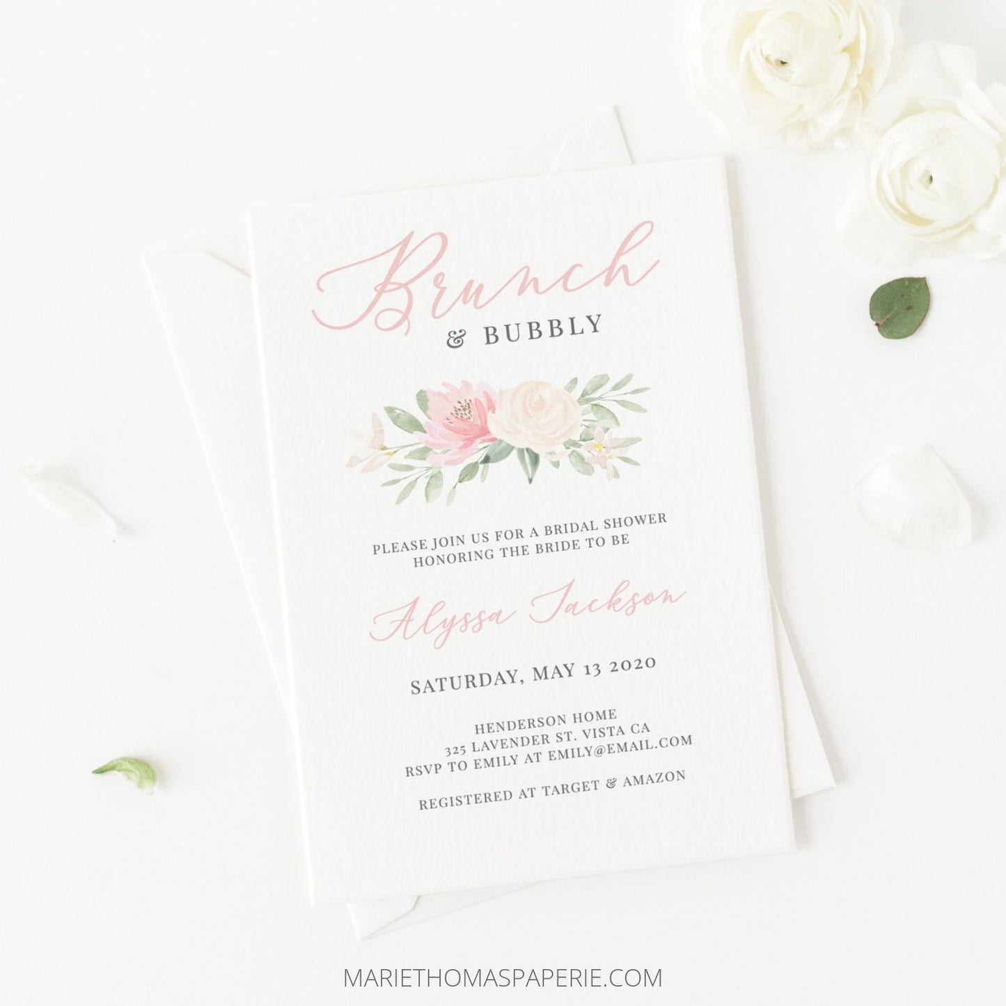 Editable Brunch and Bubbly Bridal Shower Invitation Blush Pink Floral Boho Bridal Shower Invite Template