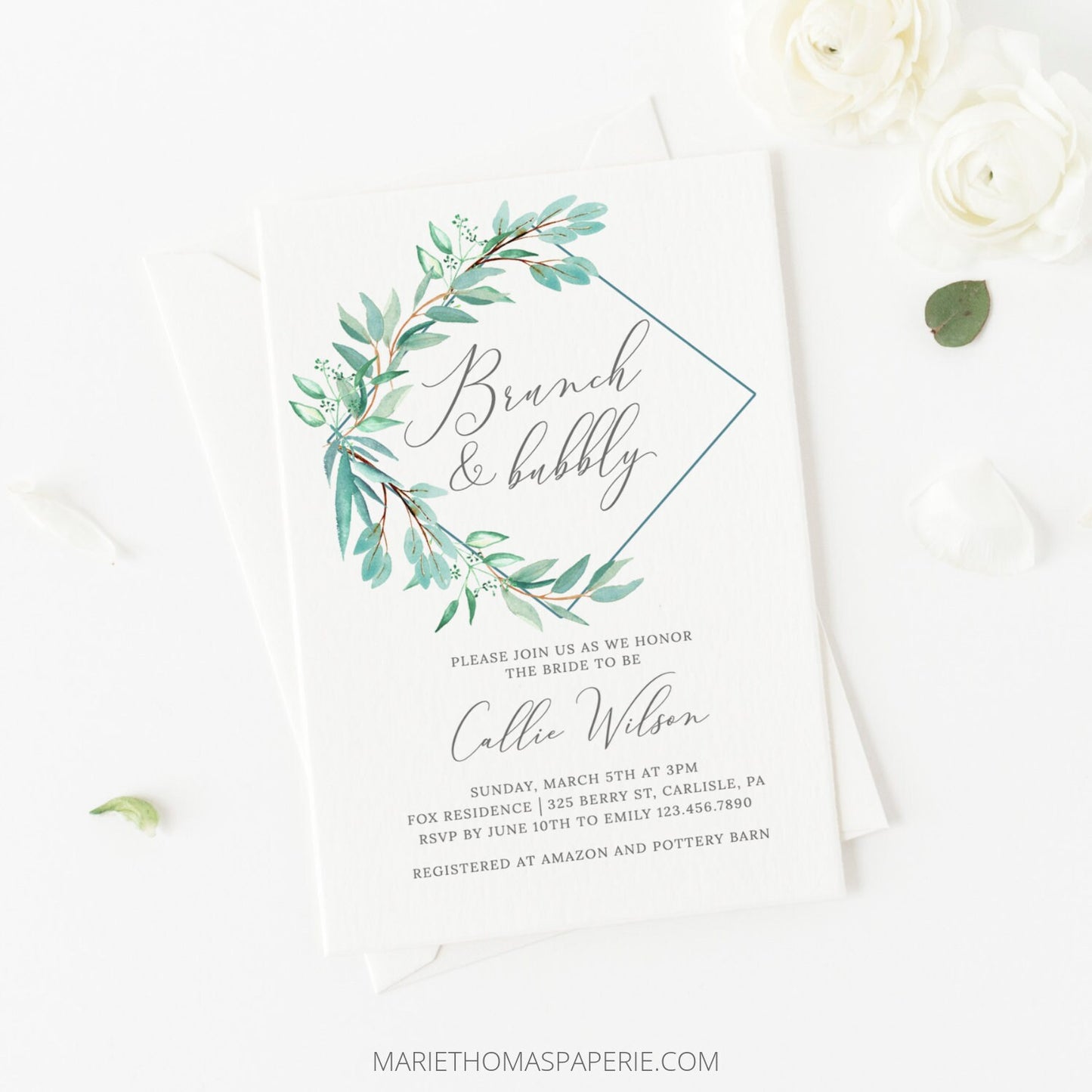 Editable Brunch and Bubbly Bridal Shower Invitation Eucalyptus Greenery Wreath Bridal Shower Invite Template