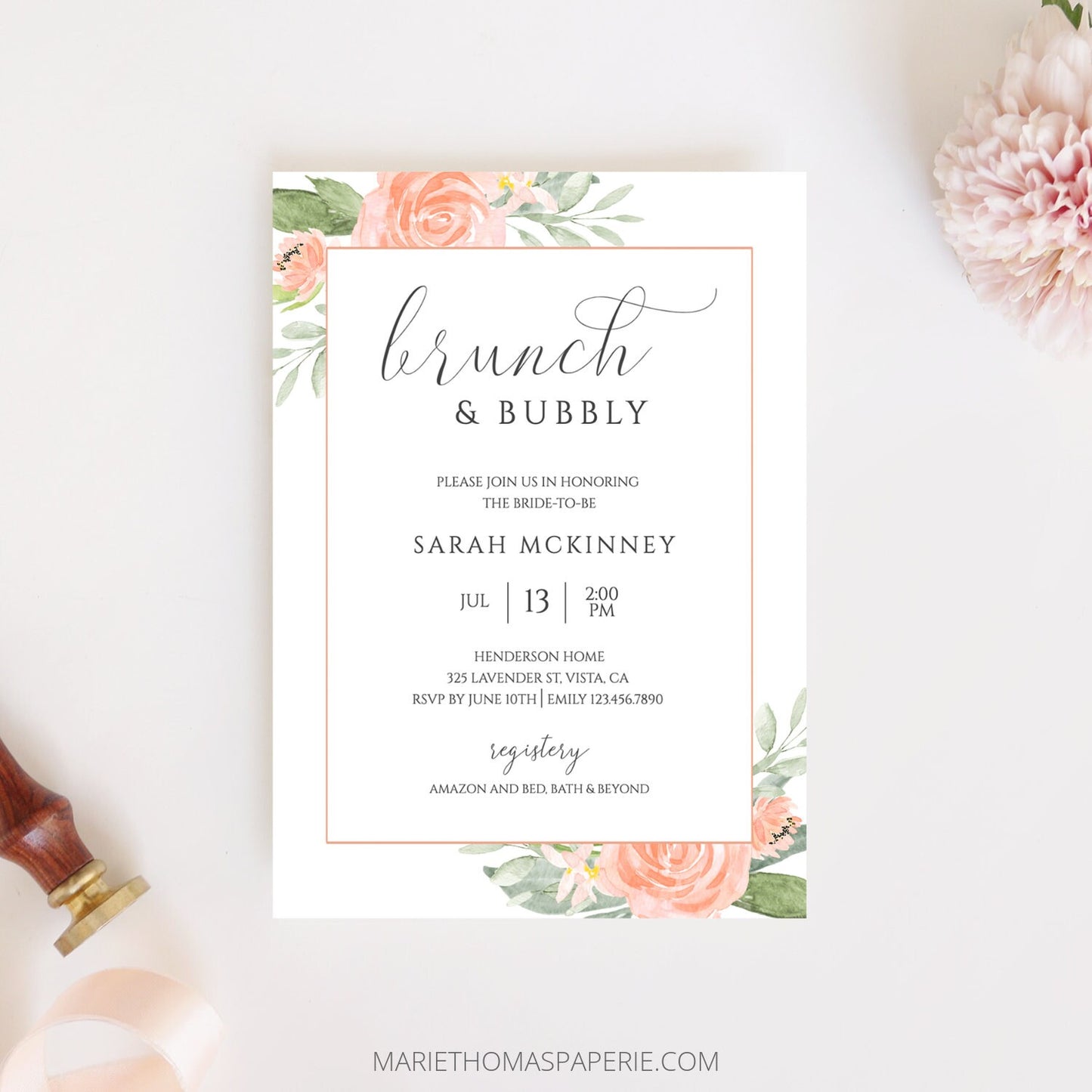 Editable Brunch and Bubbly Bridal Shower Invitation Peach Floral Bridal Shower Invite Template