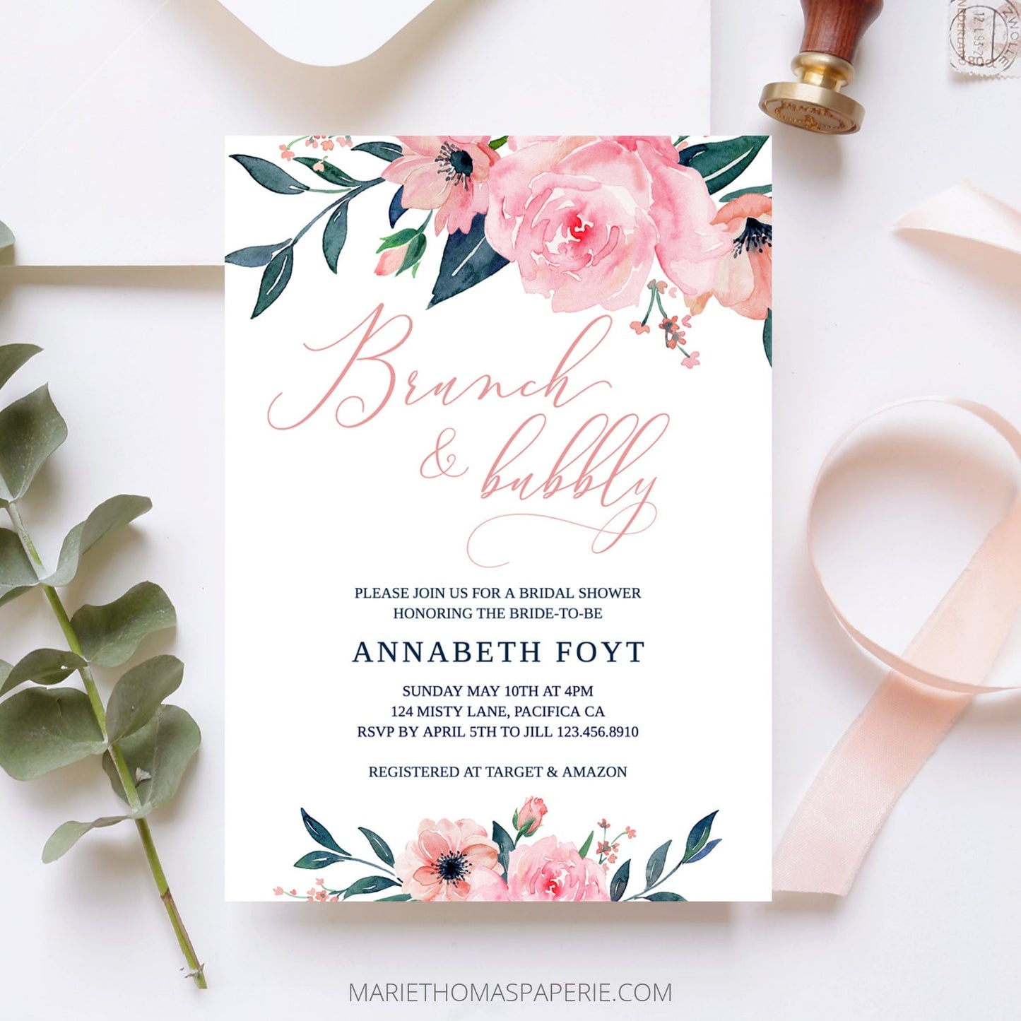 Editable Brunch and Bubbly Bridal Shower Invitation Pink & Navy Floral Boho Bridal Shower Invite Template