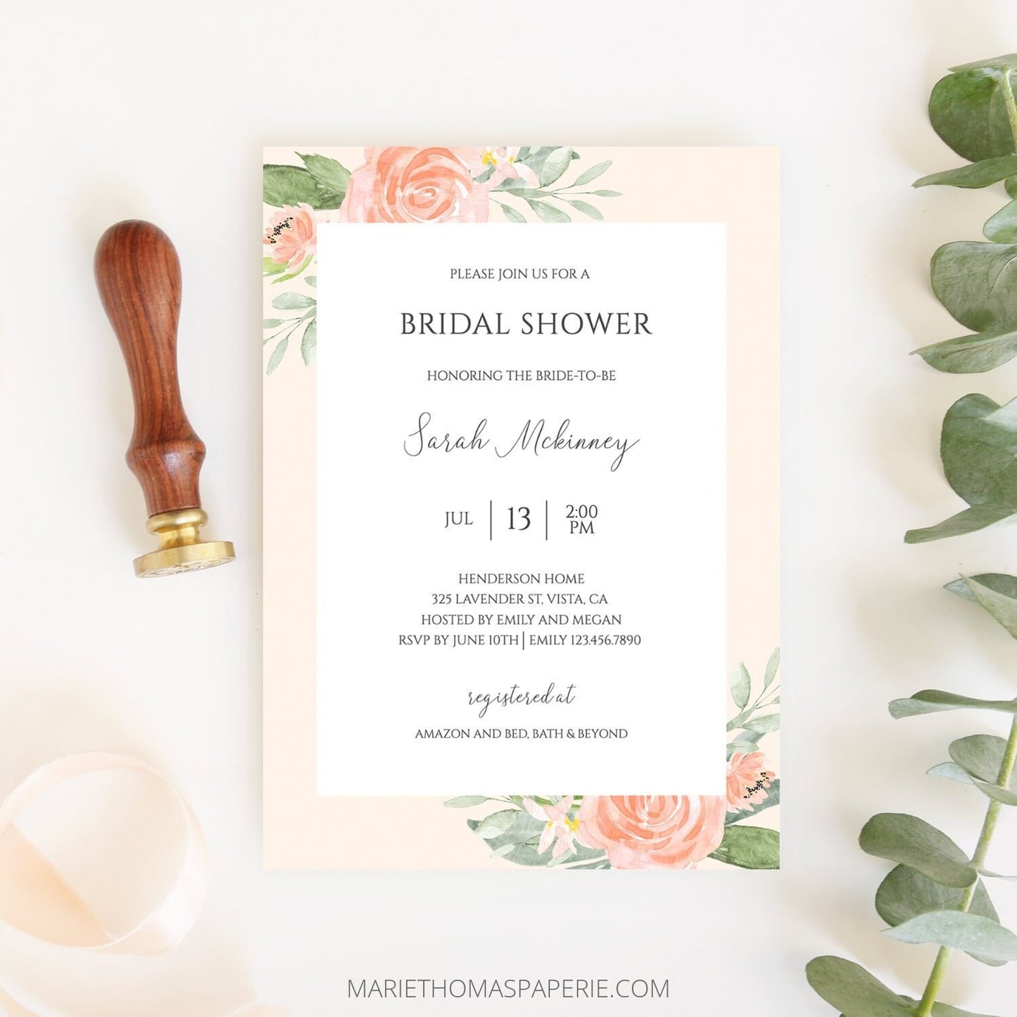 Editable Boho Bridal Shower Invitation Peach Floral Bridal Shower Invite Template