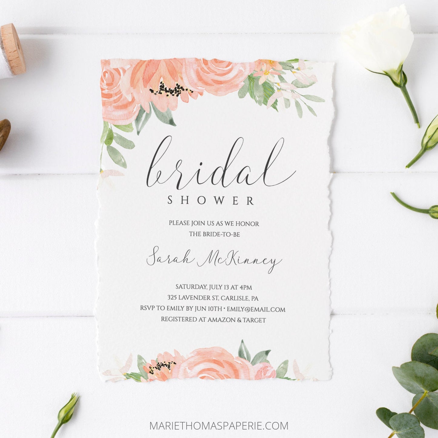 Editable Bridal Shower Invitation Peach Floral Boho Bridal Shower Invite Template