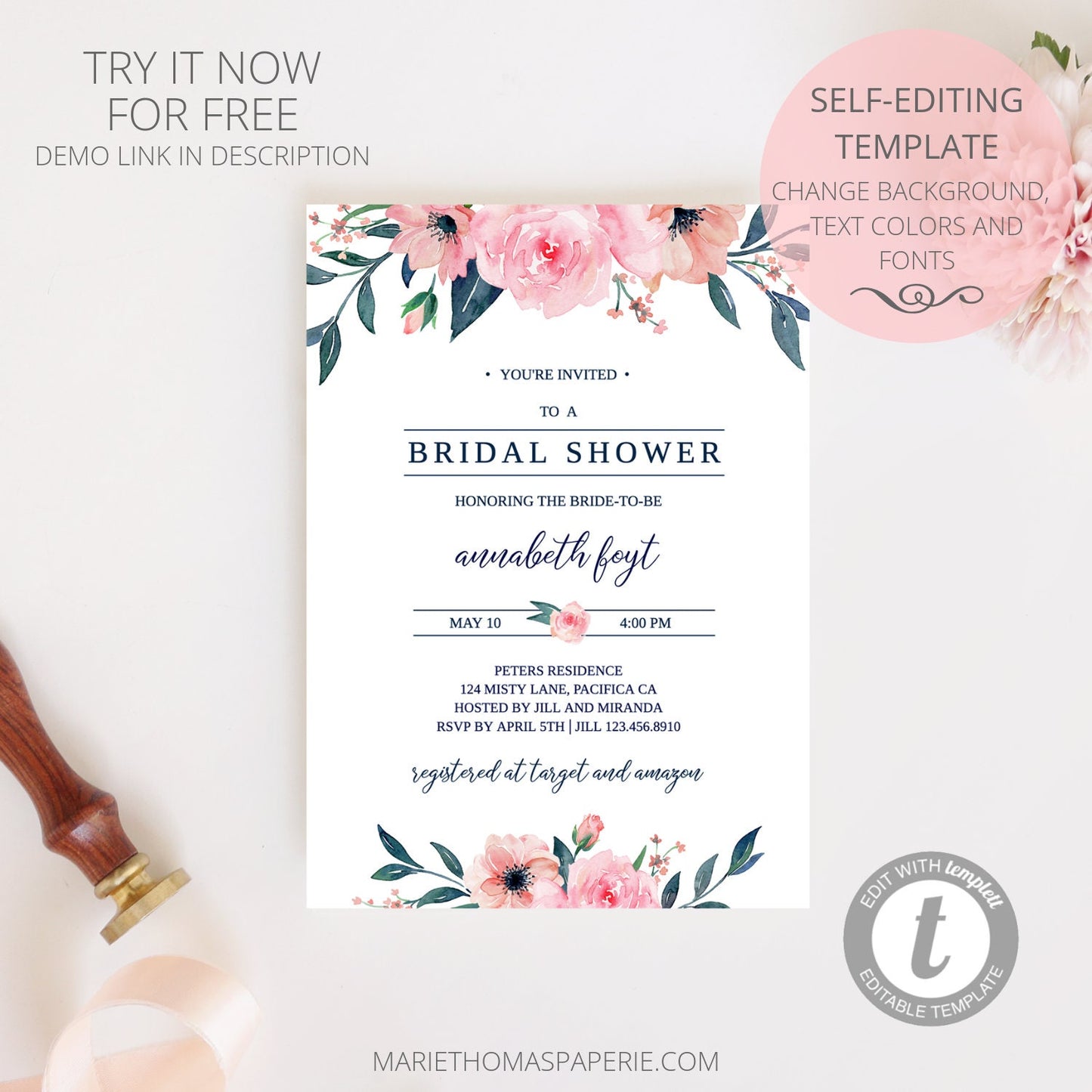 Editable Bridal Shower Invitation Pink Blush Floral Boho Bridal Shower Invite Template