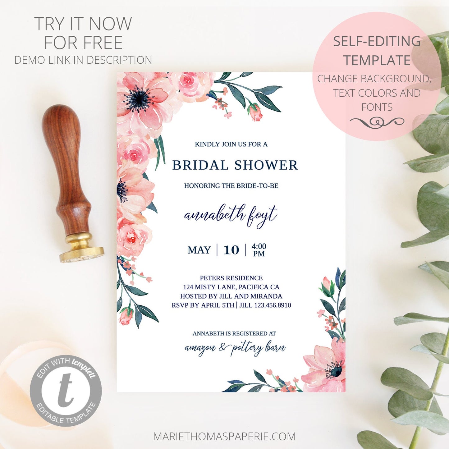 Editable Bridal Shower Invitation Blush Pink Floral Boho Bridal Shower Invite Template