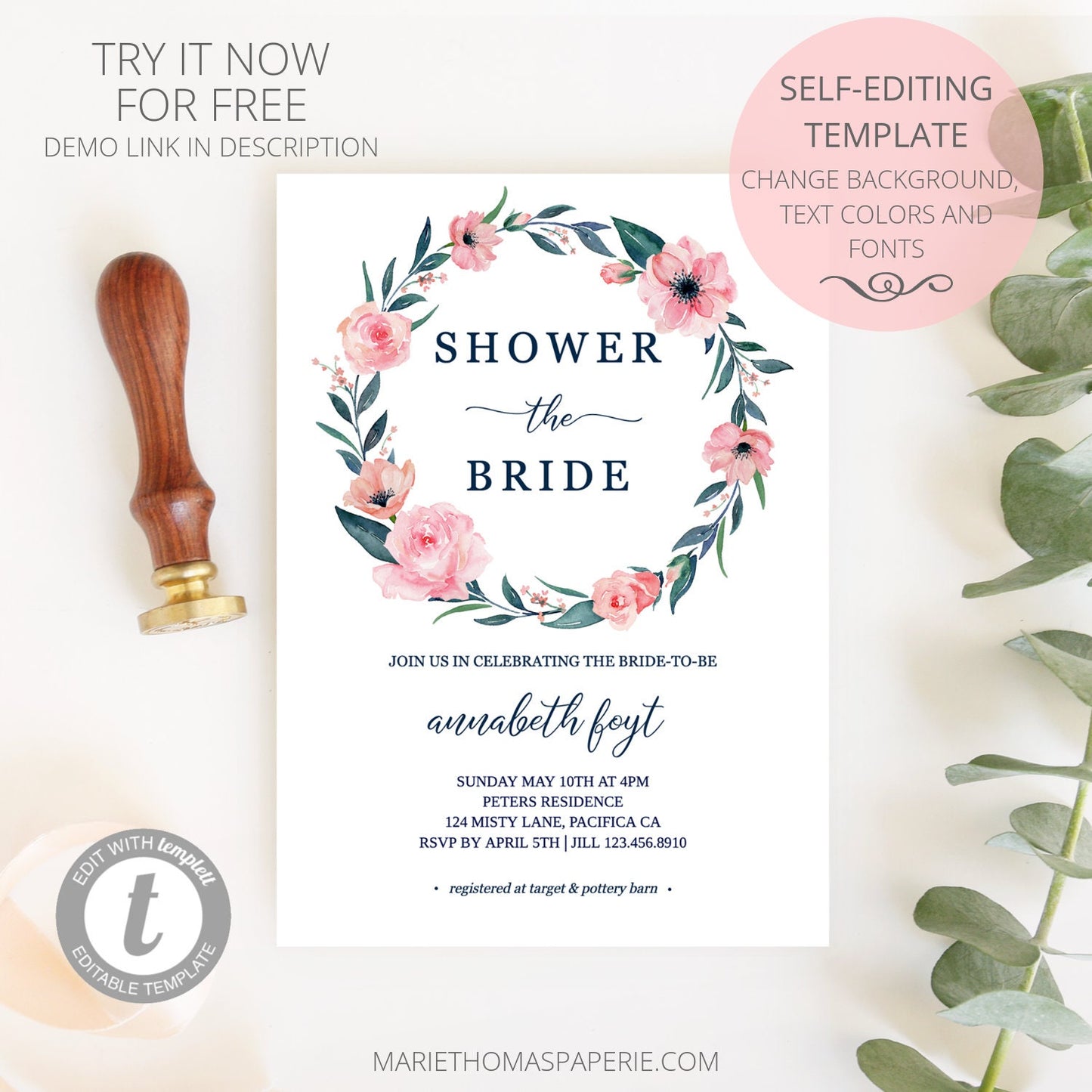 Editable Bridal Shower Invitation Pink Blush Floral Wreath Bridal Shower Invite Template
