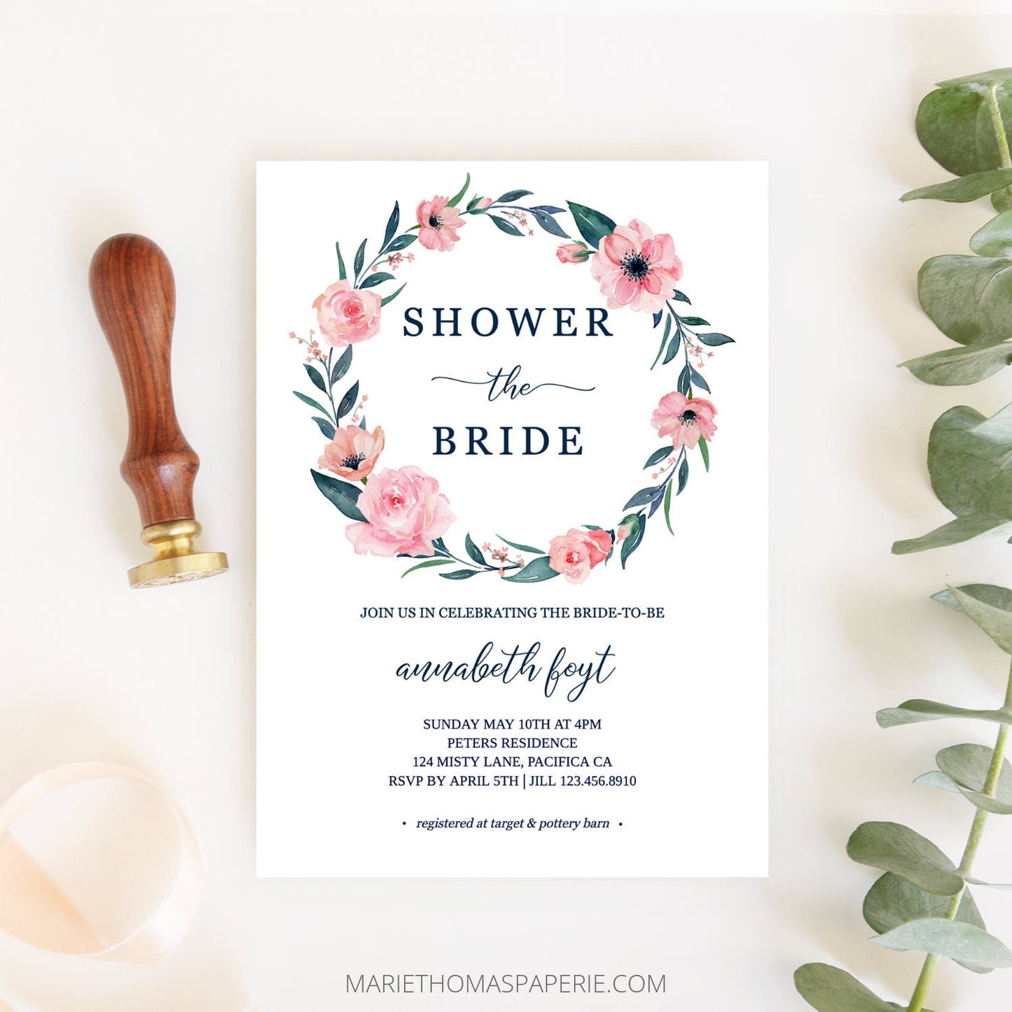 Editable Bridal Shower Invitation Pink Blush Floral Wreath Bridal Shower Invite Template