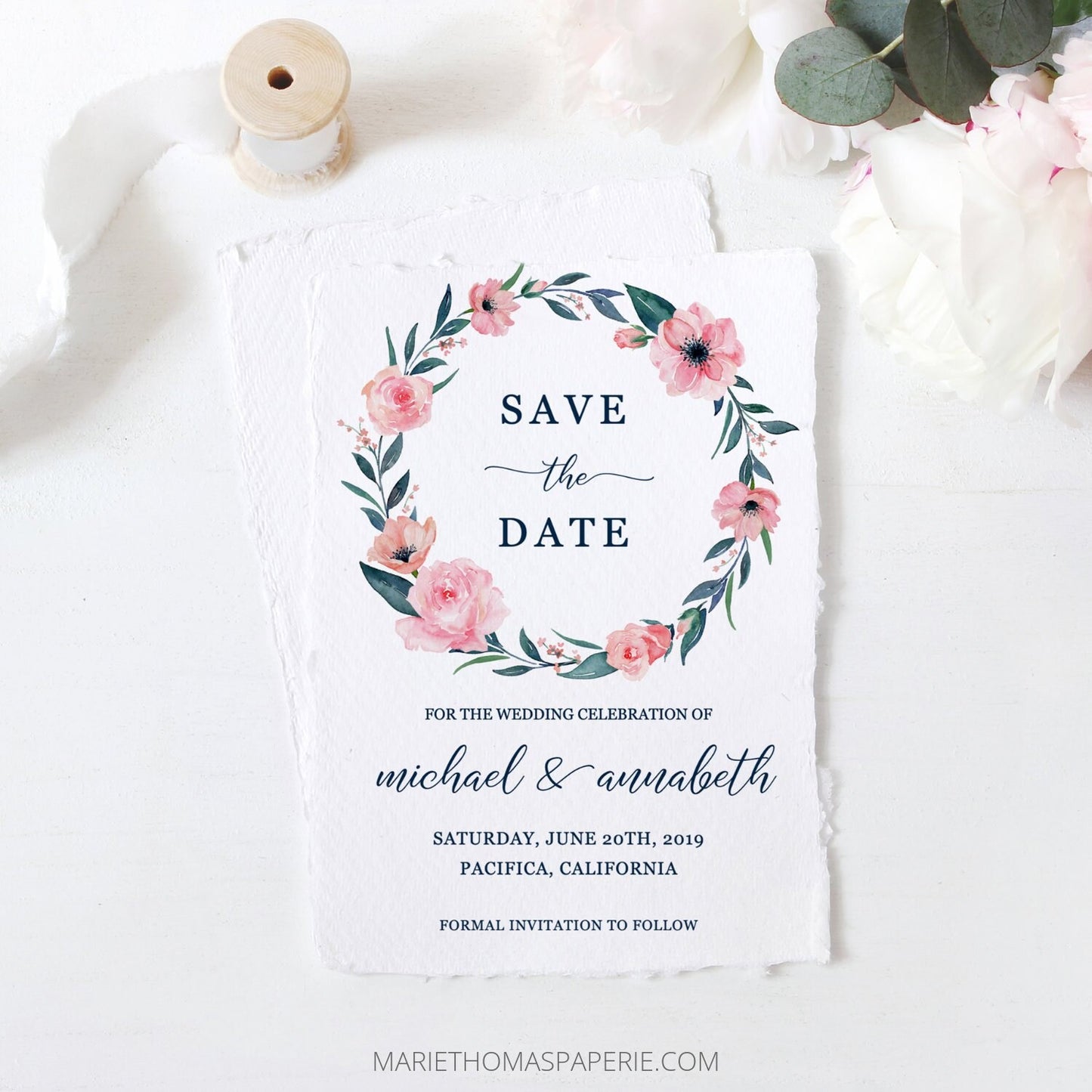Editable Save the Date Navy & Pink Floral Wreath Save the Date Cards Wedding Announcement Text Template