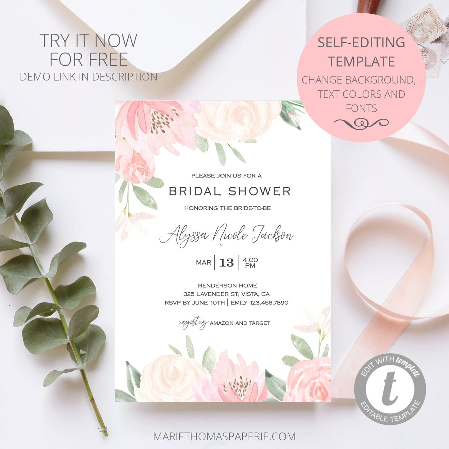 Editable Floral Bridal Shower Invitation Blush Pink Bridal Shower Invite Boho Shower Invitation Template