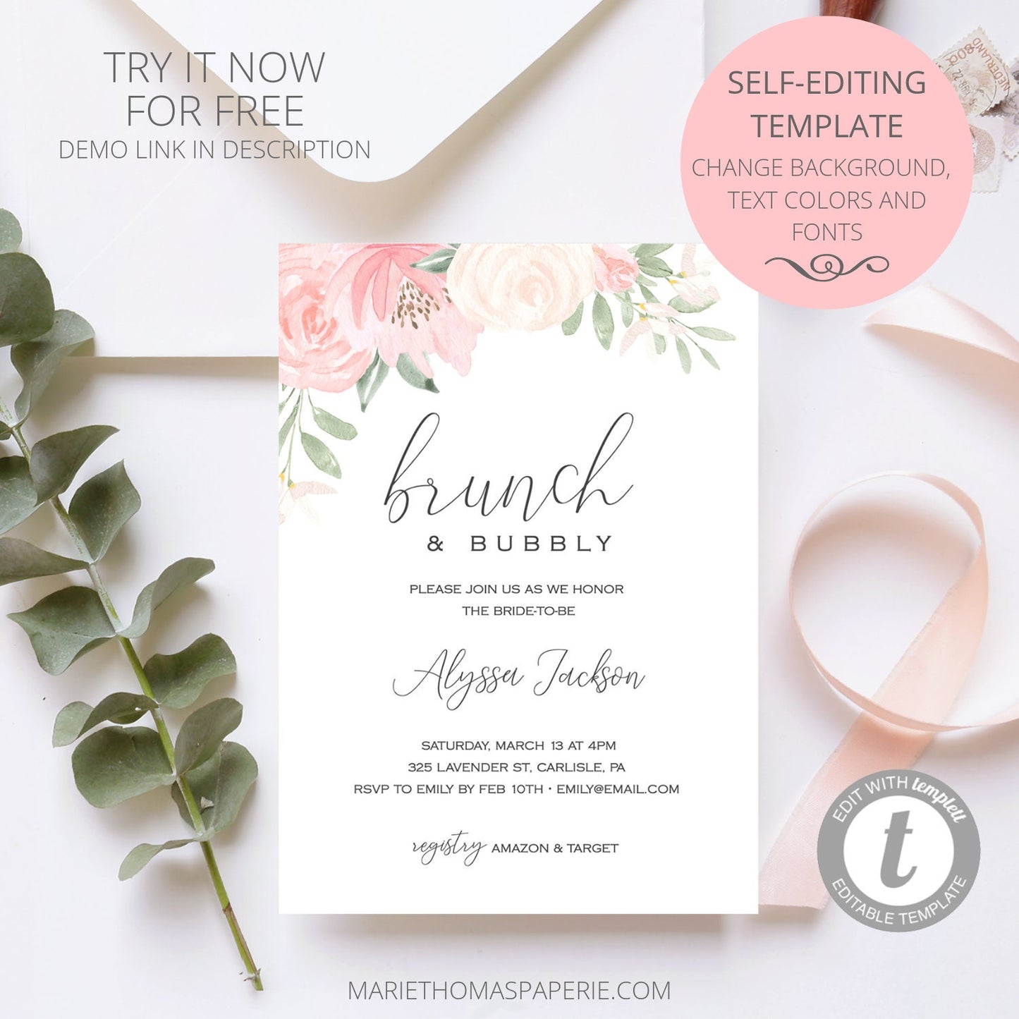 Editable Brunch and Bubbly Bridal Shower Invitation Blush Pink Floral Bridal Shower Invite Template