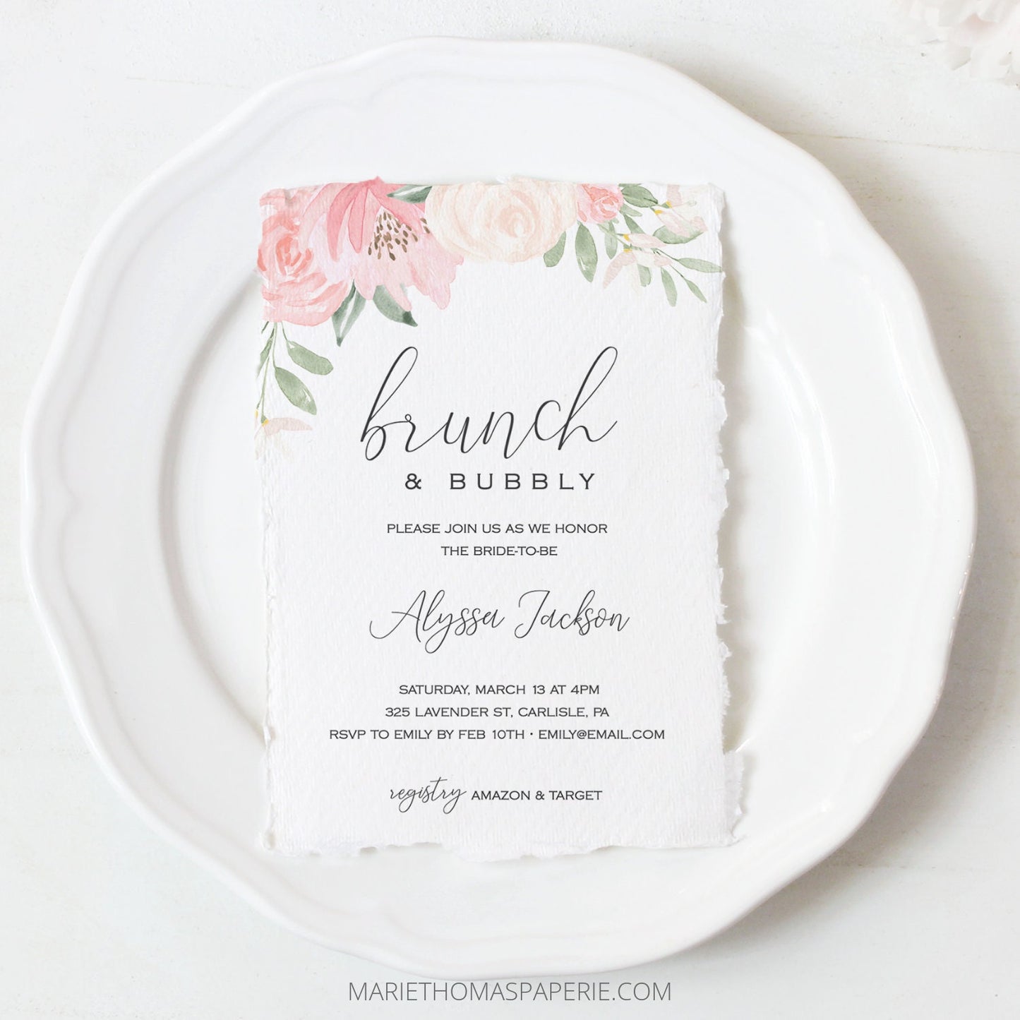 Editable Brunch and Bubbly Bridal Shower Invitation Blush Pink Floral Bridal Shower Invite Template