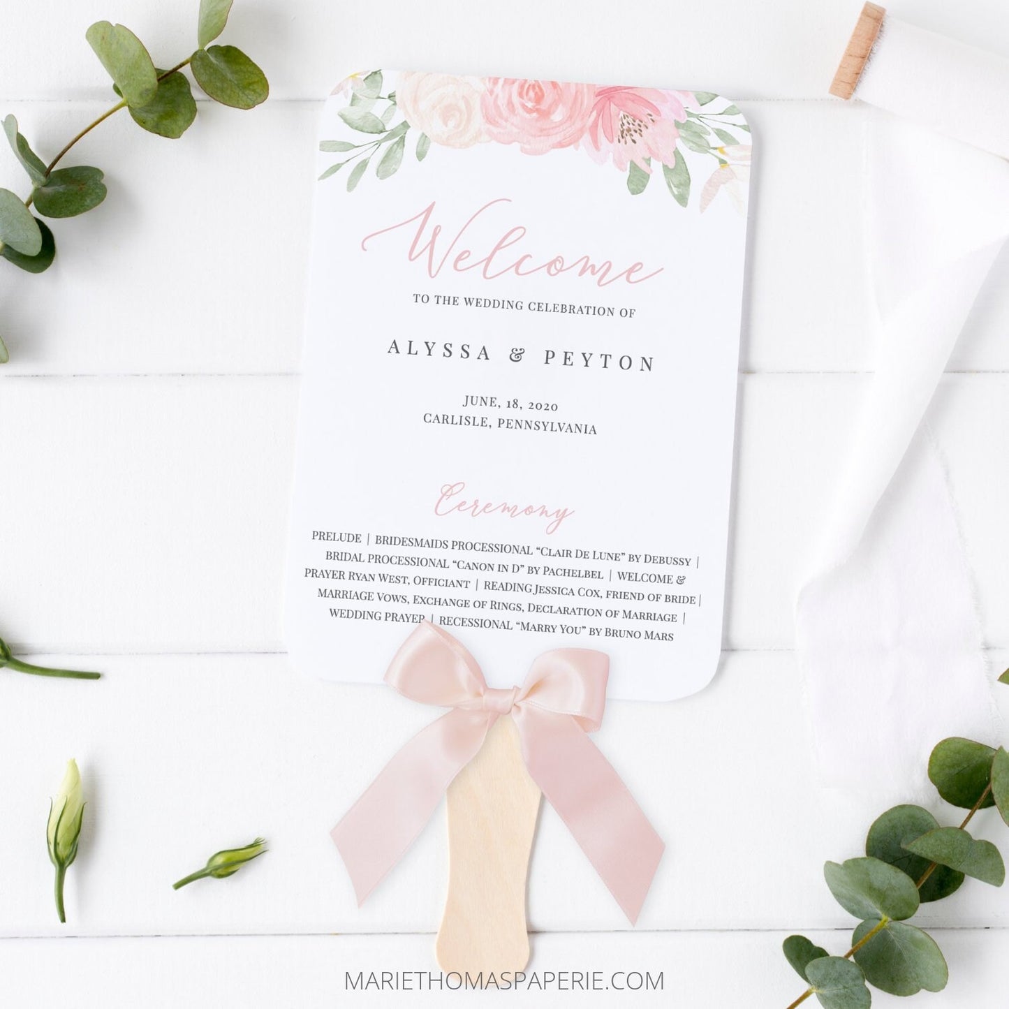 Editable Wedding Program Fan Wedding Program Blush Pink Floral Fan or Flat Wedding Ceremony Program Template