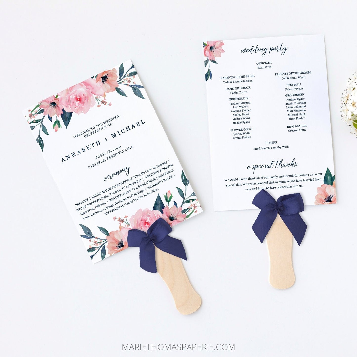 Editable Wedding Program Fan Wedding Program Navy & Pink Floral Fan or Flat Wedding Ceremony Program Template
