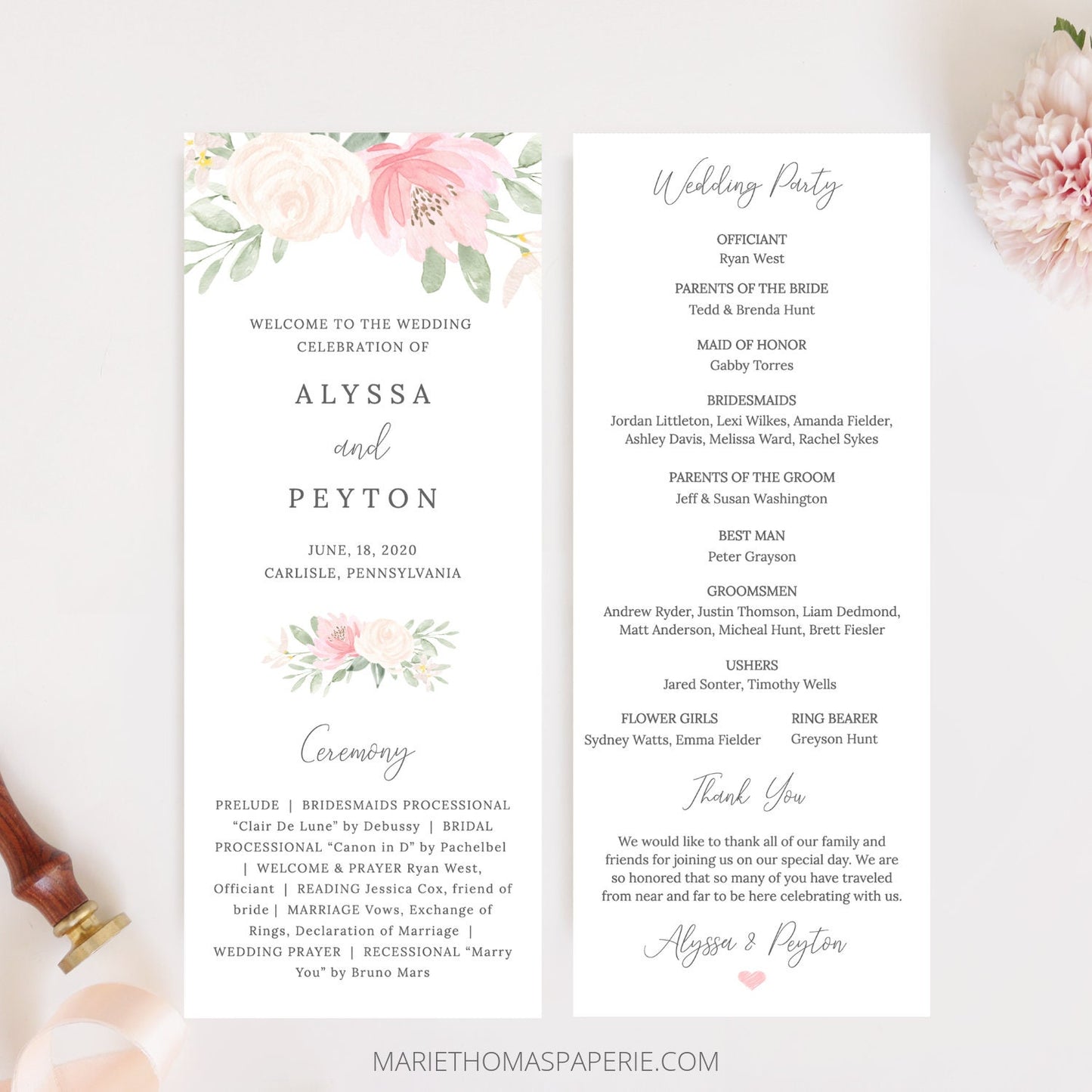 Editable Wedding Program Blush Pink Floral Wedding Ceremony Program Flat Wedding Program Template