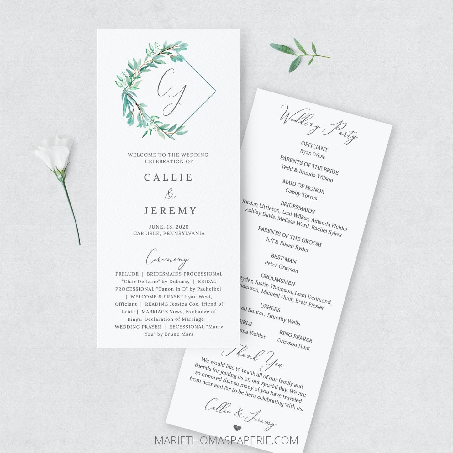 Editable Wedding Program Eucalyptus Greenery Wedding Ceremony Program Flat Wedding Program Template