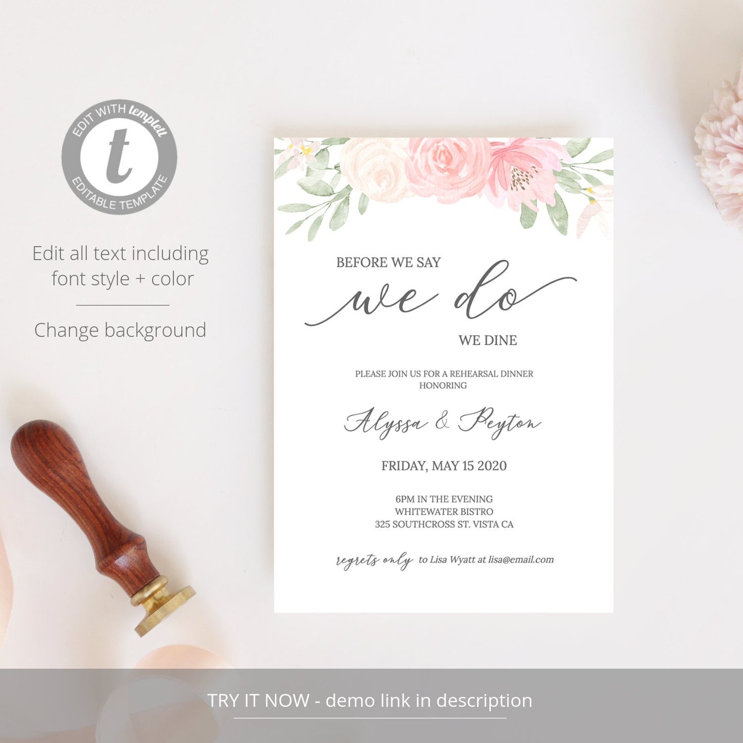 Editable Rehearsal Dinner Invitation Before We Do We Dine Pink Blush Floral Template
