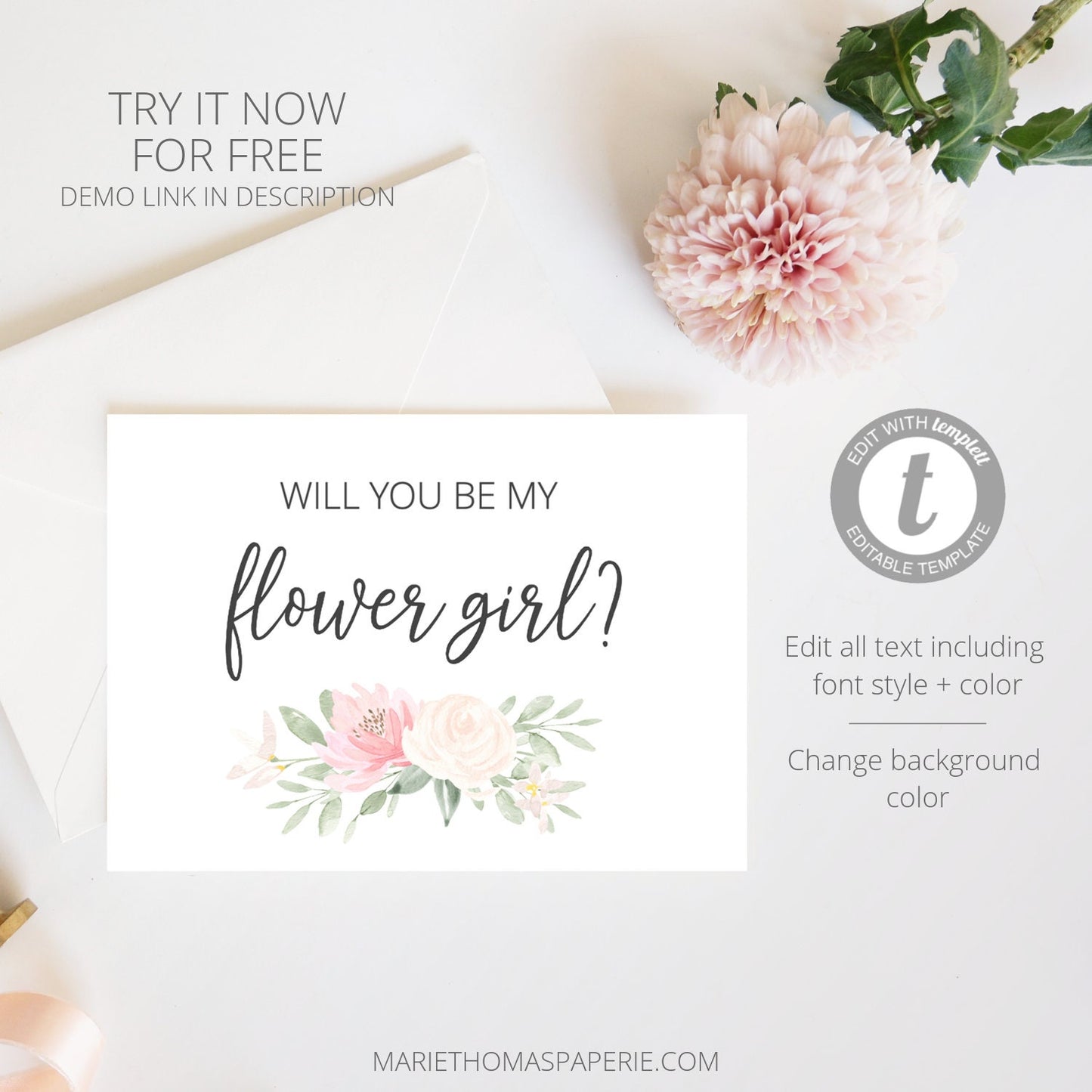 Editable Will You Be My Flower Girl Flower Girl Proposal Will You Be My Bridesmaid Card Floral Bridesmaid Proposal Card Template