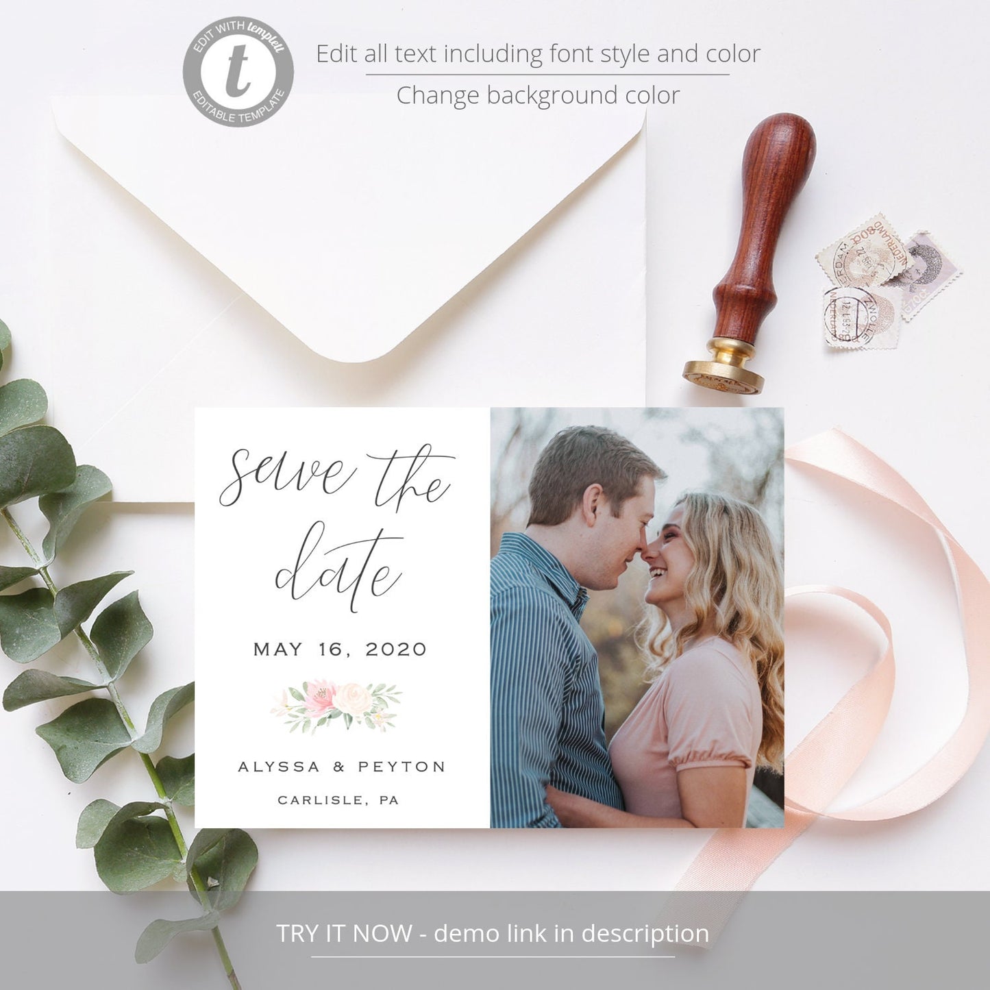 Editable Save the Date with Photo Save the Date Cards Wedding Announcement Blush Floral 4x6 and 5x7 Digital Template
